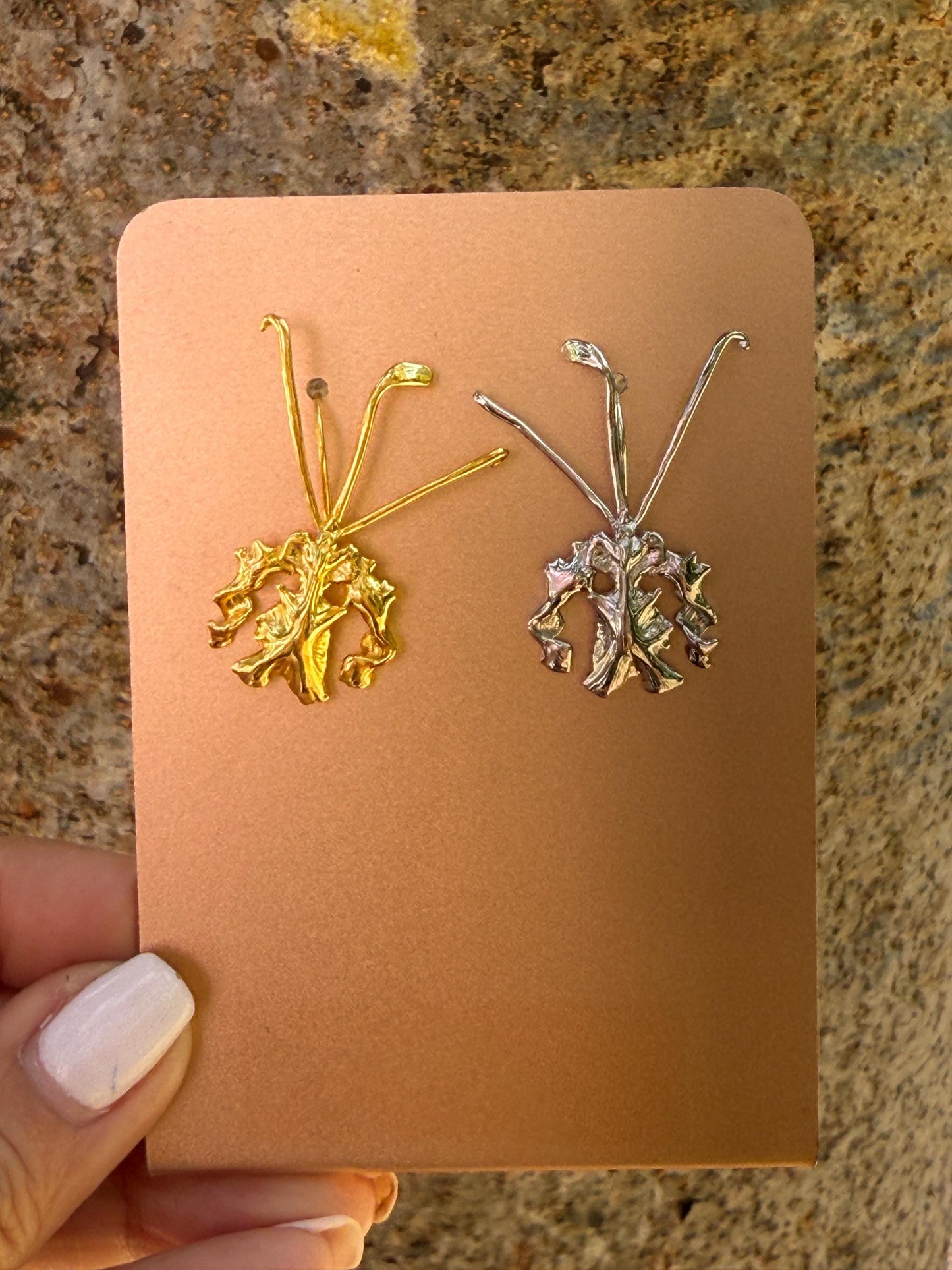 La Mariposa: Orchid Flower Tw Tone Gold and Silver Dangle Earrings • Psychopsis Earrings • 14KGold- Sterling Silver Flower Jewelry
