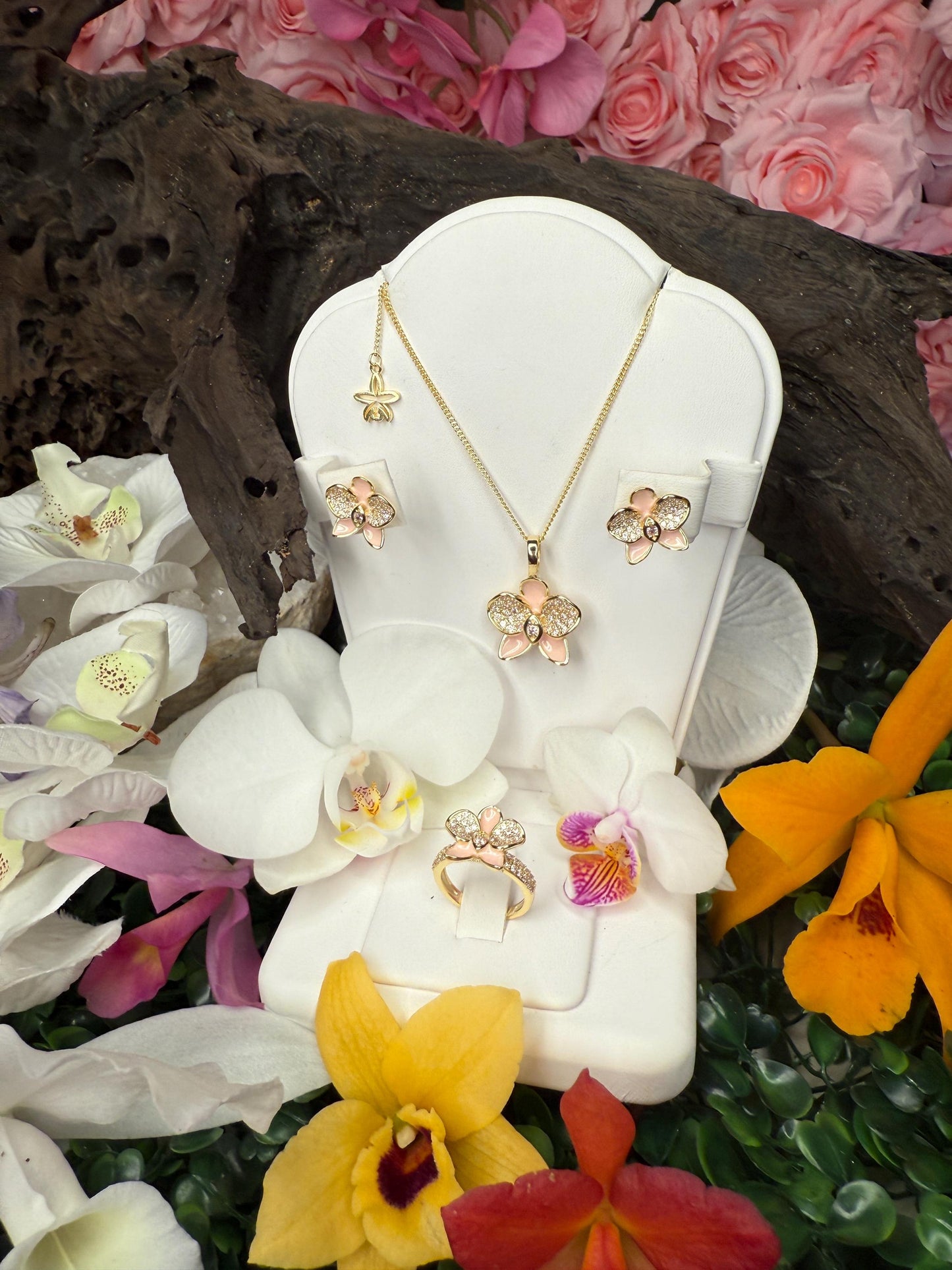 Baby Pink Phalaenopsis Orchid Flower Jewelry Set β’ Flowers Studs β’ Orchid Flower Pendant Necklace β’ Orchid Ring β’ Whispers Glow Collection