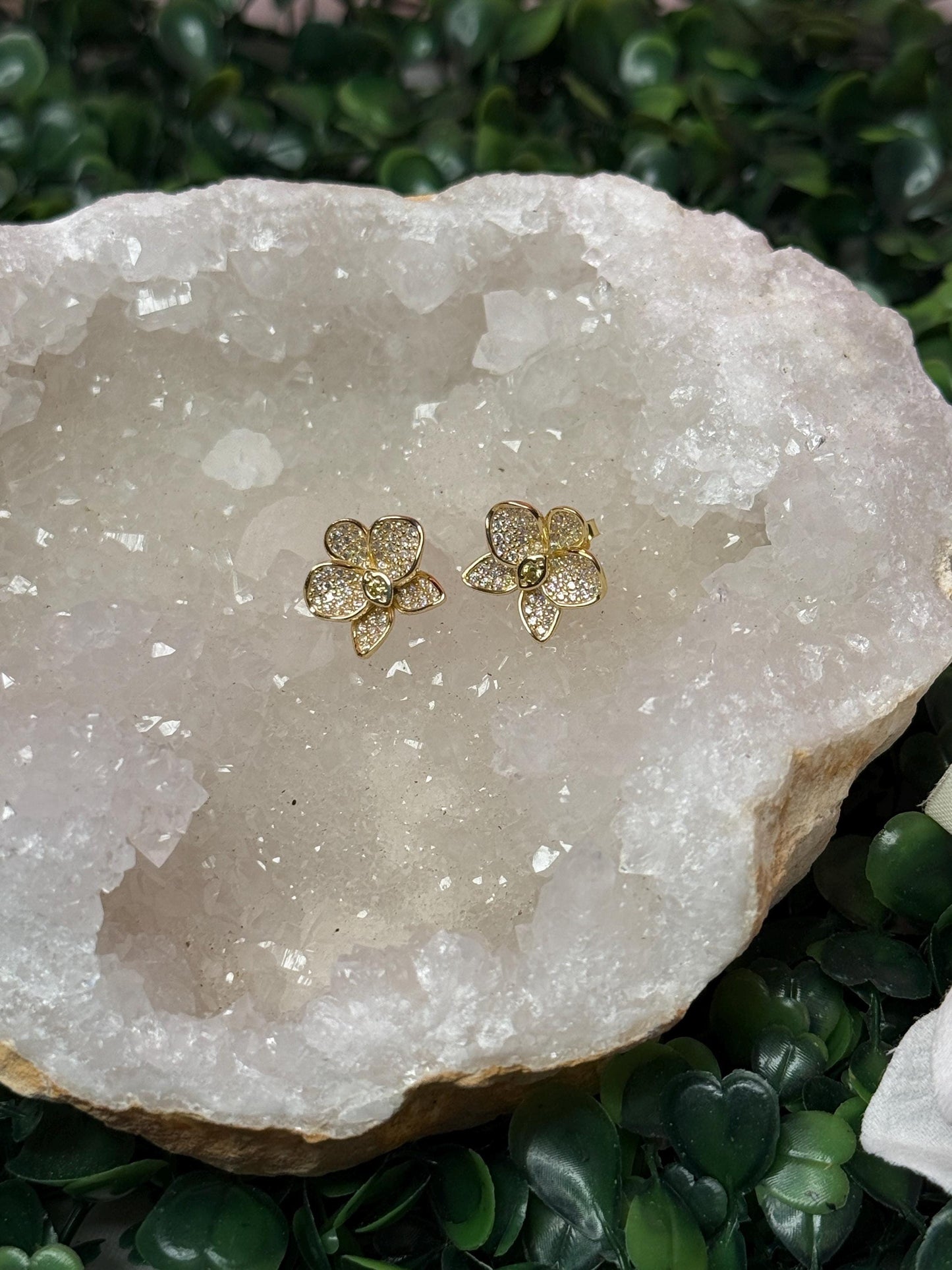 Gold White and Yellow Zircons Orchid Phalaenopsis Flower Earrings β’ Shimmer me Phalaenopsis