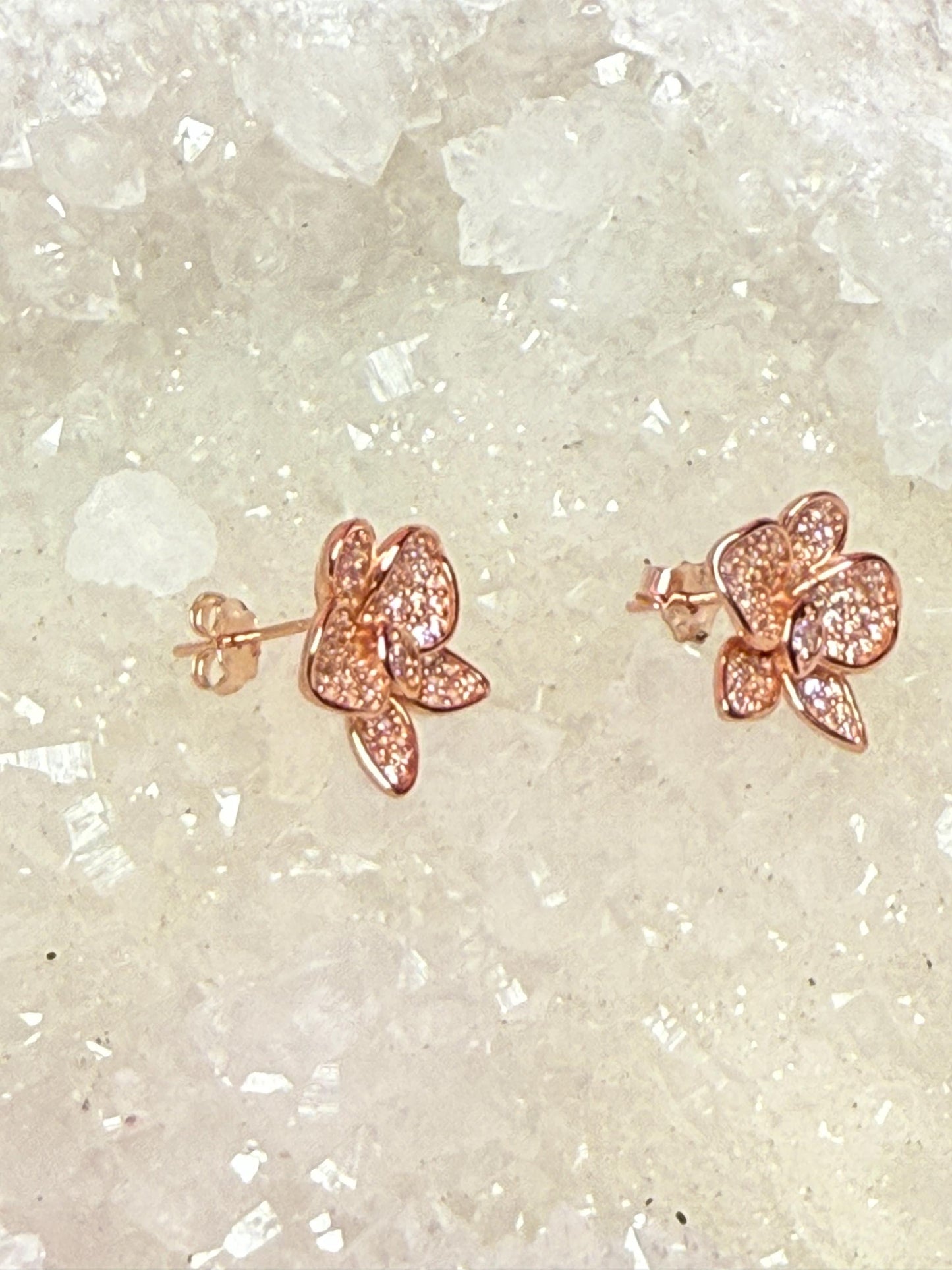 Rose Gold White and Pink Zircons Orchid Phalaenopsis Flower Earrings β’ Shimmer me Phalaenopsis
