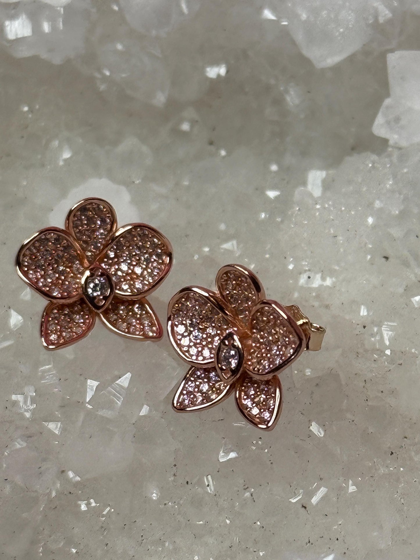 Rose Gold White and Pink Zircons Orchid Phalaenopsis Flower Earrings β’ Shimmer me Phalaenopsis