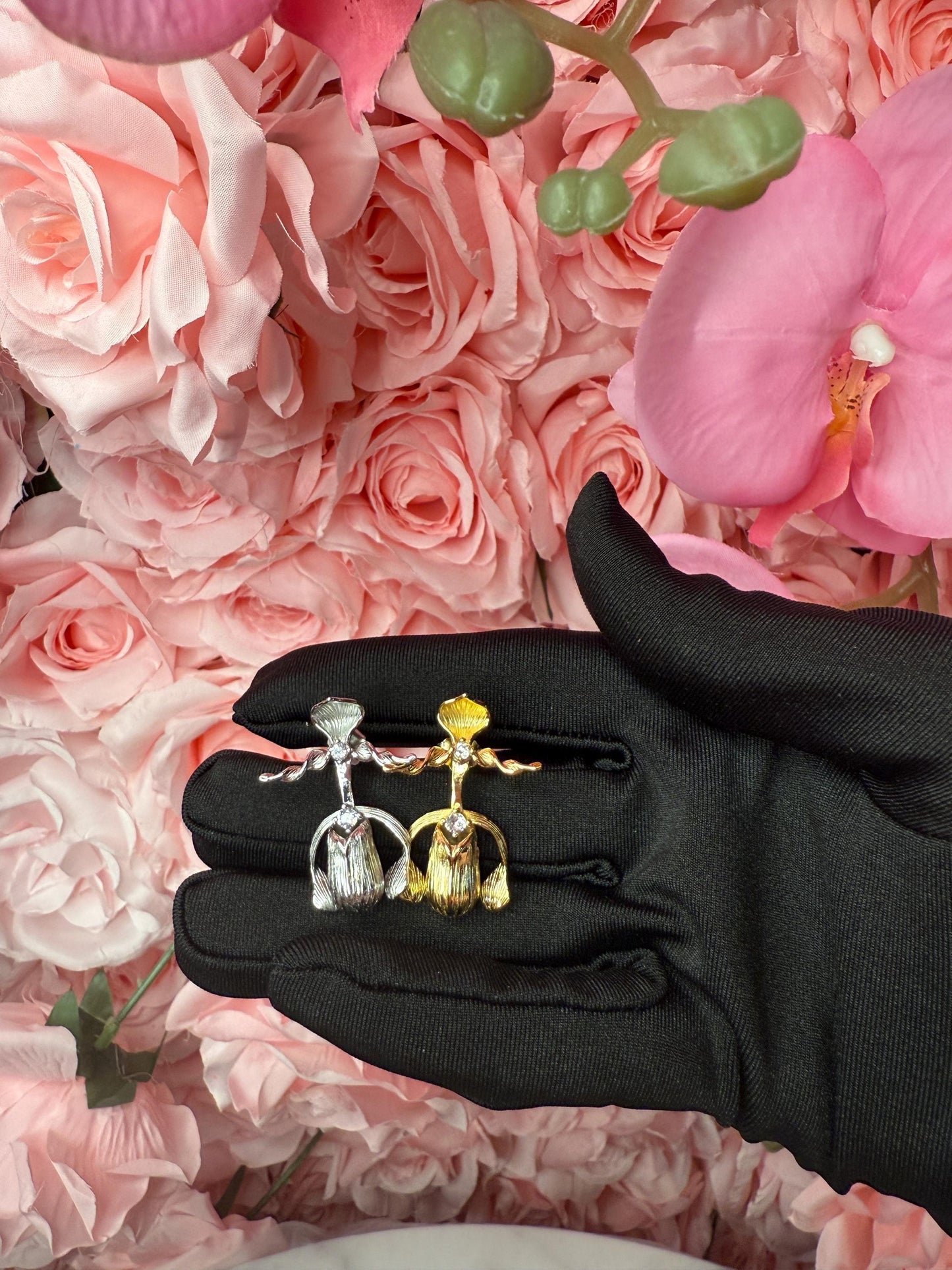 Slipper Orchid Silver Earrings Studs: Divergent Duos Collection