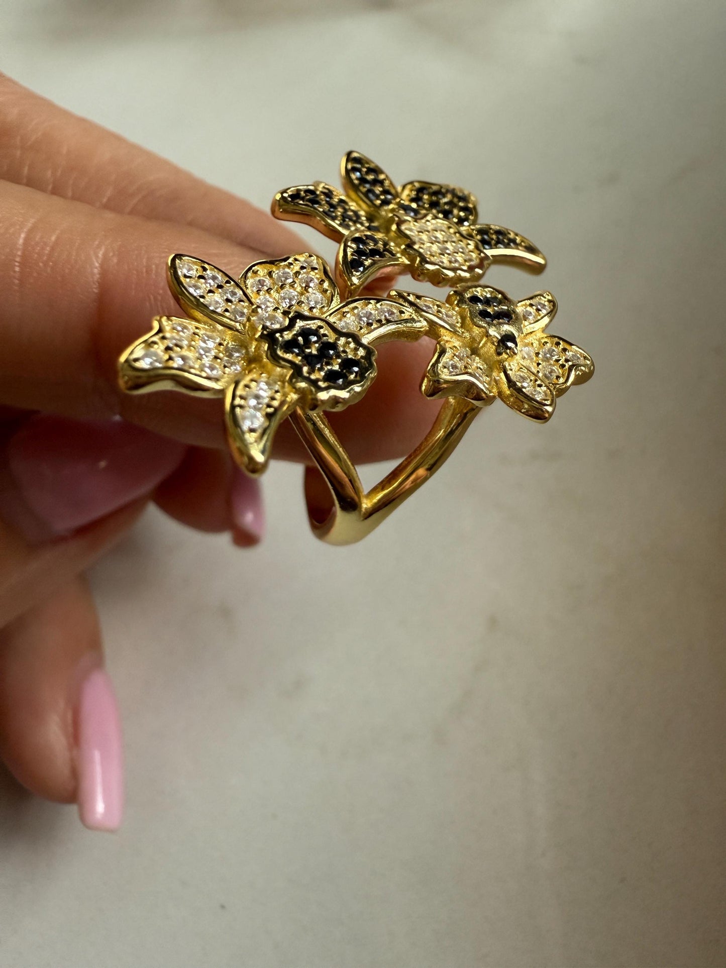 Triple Orchid Flower Ring: Orchid Statement Ring Cattleya Gold Orchid Ring • Cocktail Ring