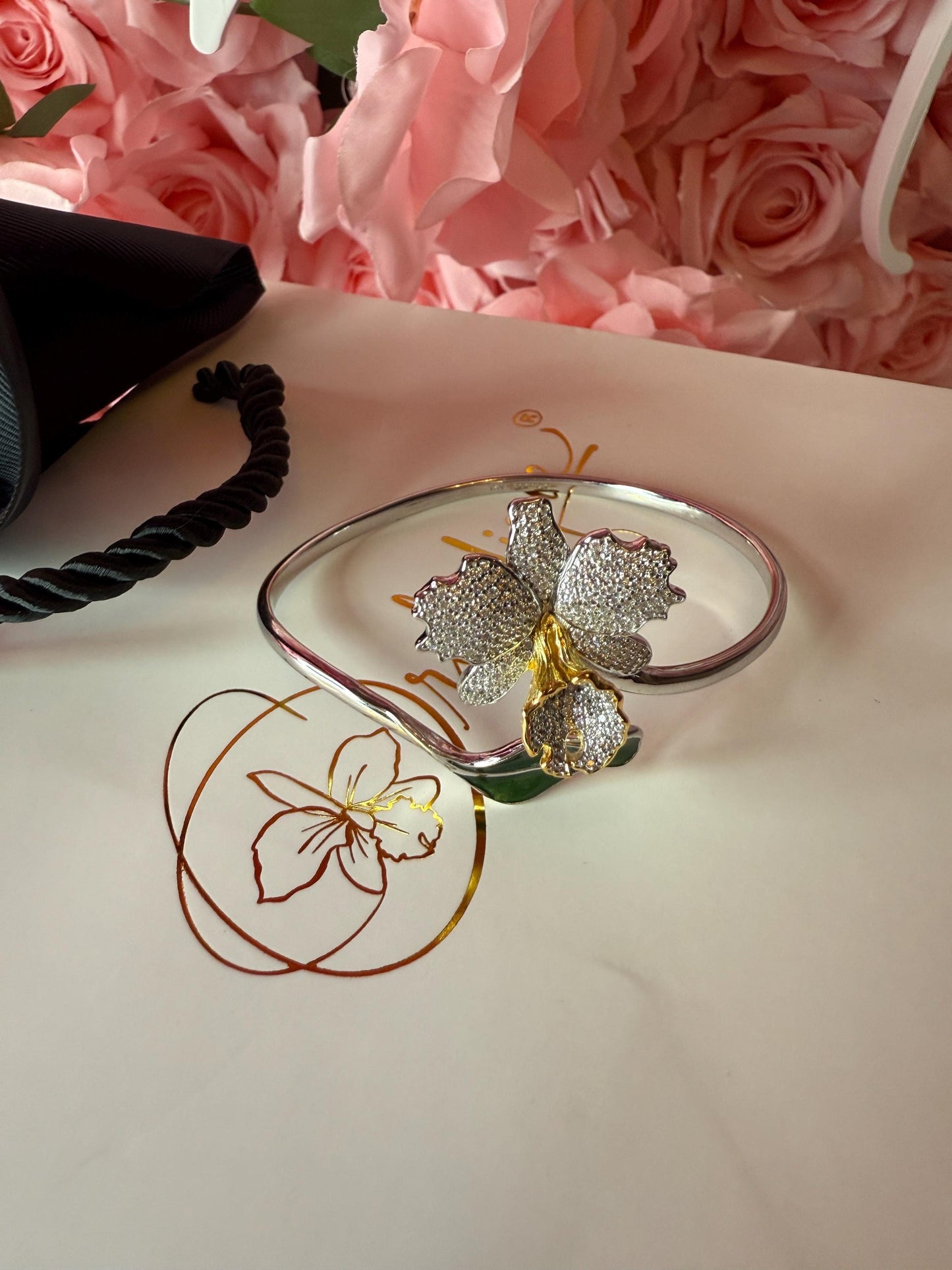Drama Exclusive Luxury Collection Cattleya Orchid Bangle • Dazzling White Pave Zircon & 14K Yellow Gold Lip- Green Leaf