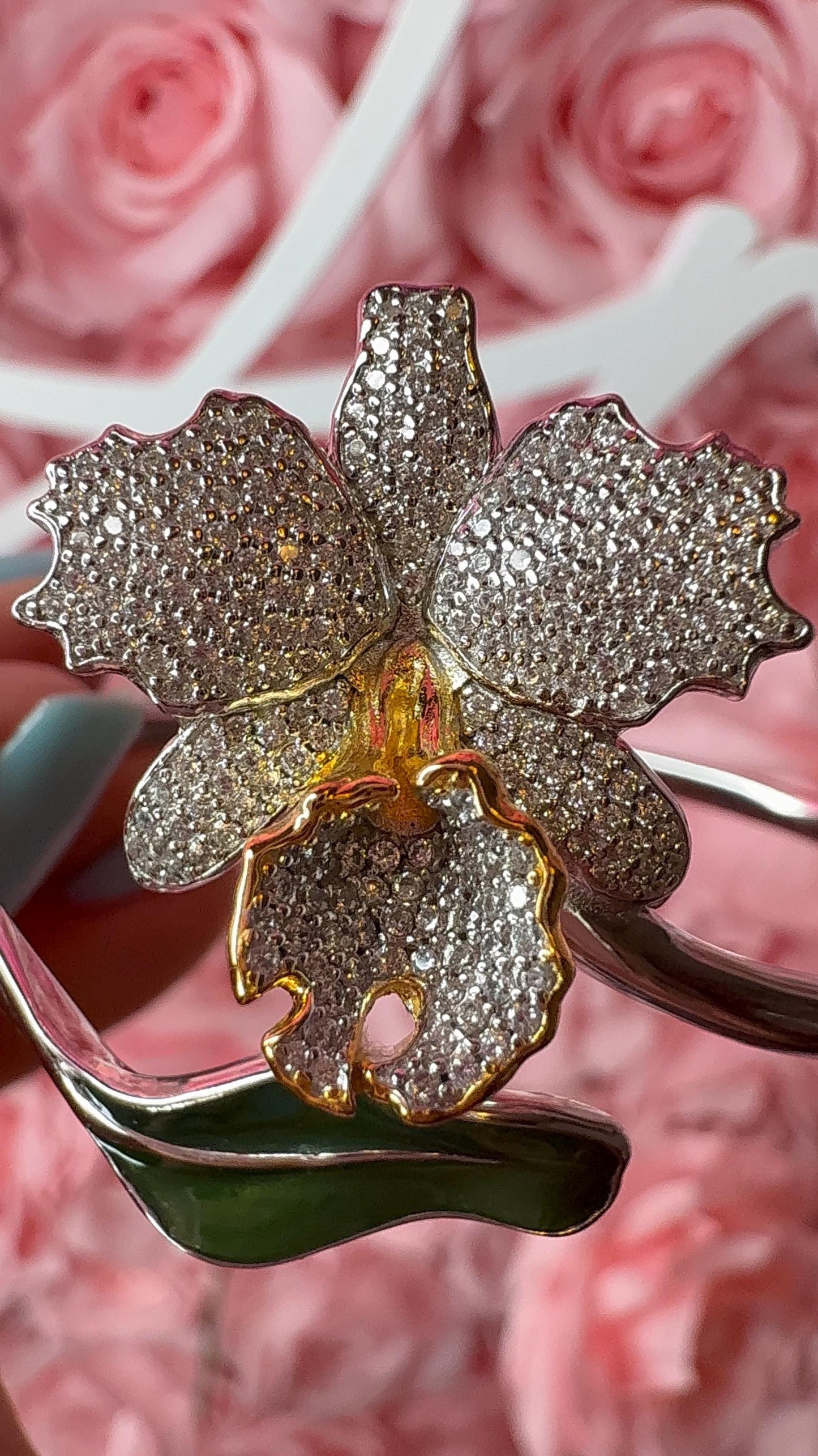 Drama Exclusive Luxury Collection Cattleya Orchid Bangle • Dazzling White Pave Zircon & 14K Yellow Gold Lip- Green Leaf