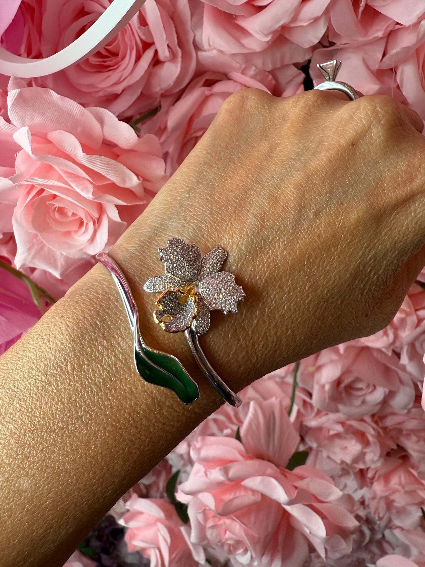 Drama Exclusive Luxury Collection Cattleya Orchid Bangle • Dazzling White Pave Zircon & 14K Yellow Gold Lip- Golden Leaf