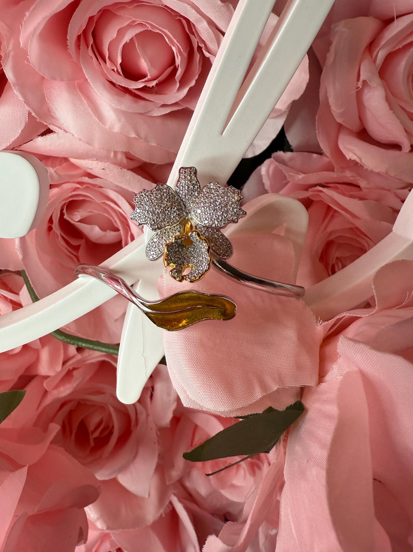 Drama Exclusive Luxury Collection Cattleya Orchid Bangle • Dazzling White Pave Zircon & 14K Yellow Gold Lip- Golden Leaf