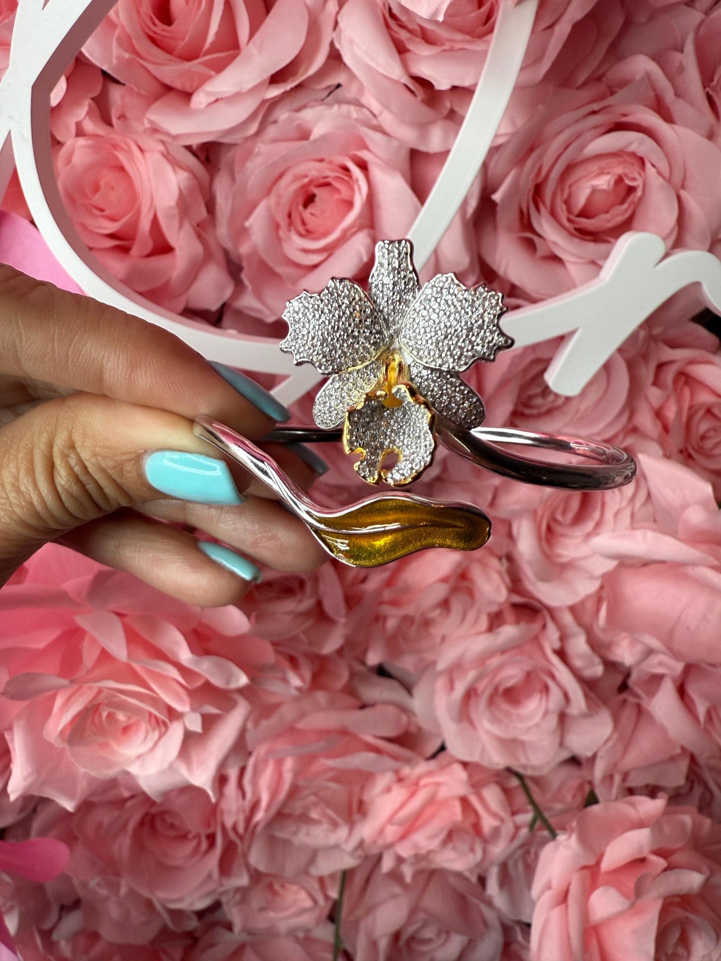 Drama Exclusive Luxury Collection Cattleya Orchid Bangle • Dazzling White Pave Zircon & 14K Yellow Gold Lip- Golden Leaf