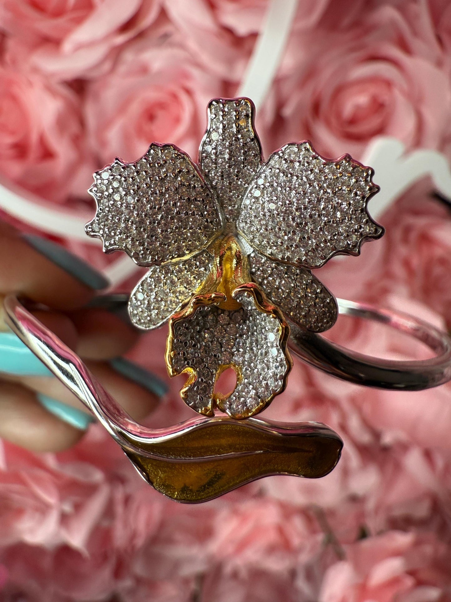 Drama Exclusive Luxury Collection Cattleya Orchid Bangle • Dazzling White Pave Zircon & 14K Yellow Gold Lip- Golden Leaf
