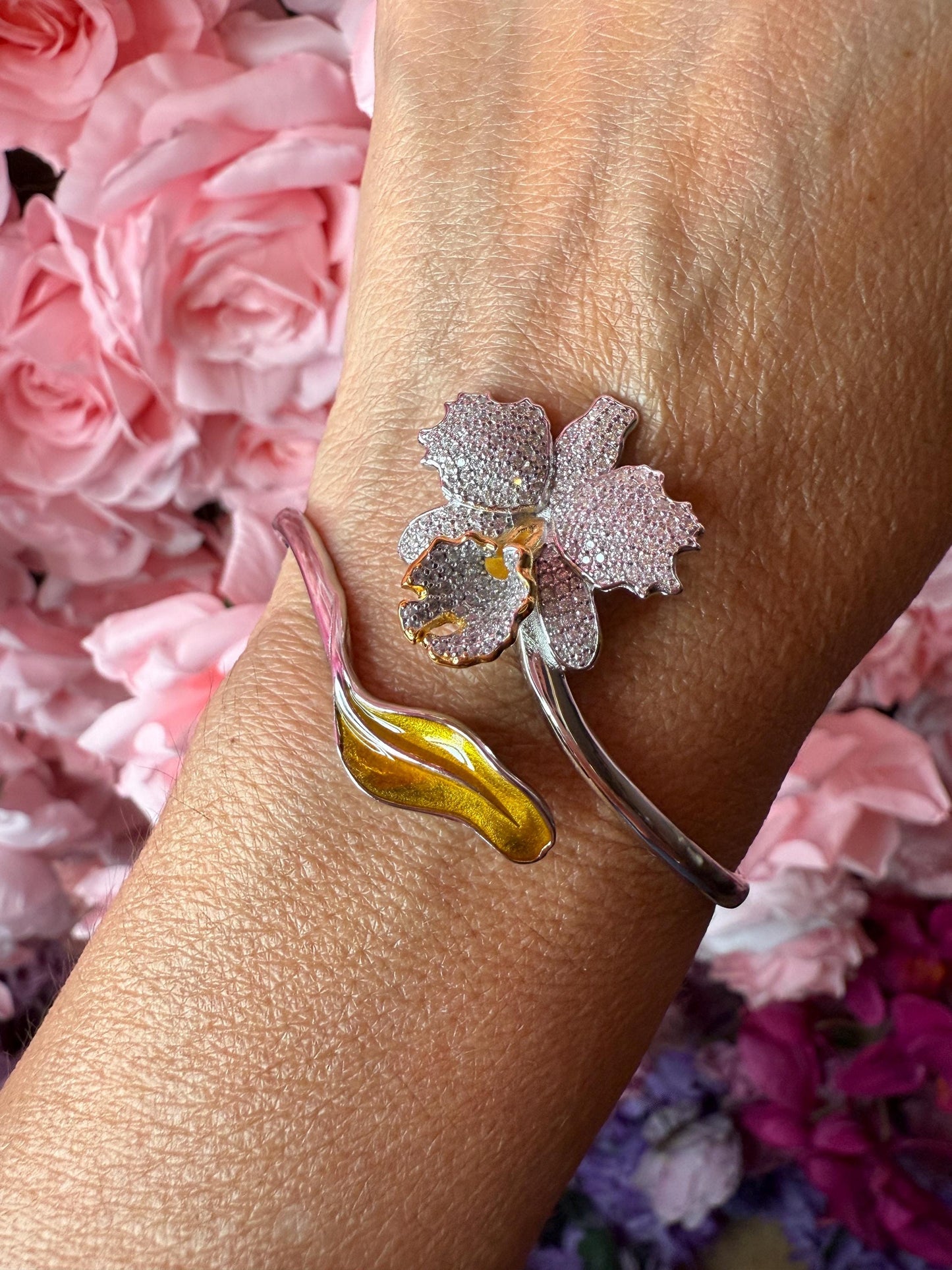 Drama Exclusive Luxury Collection Cattleya Orchid Bangle • Dazzling White Pave Zircon & 14K Yellow Gold Lip- Golden Leaf