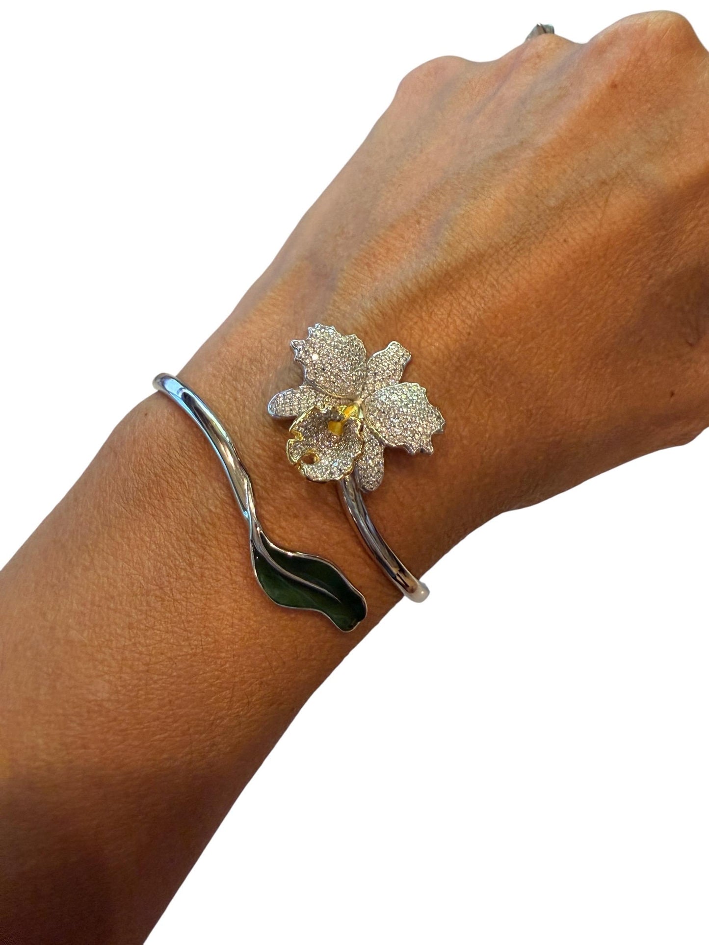Drama Exclusive Luxury Collection Cattleya Orchid Bangle • Dazzling White Pave Zircon & 14K Yellow Gold Lip- Green Leaf