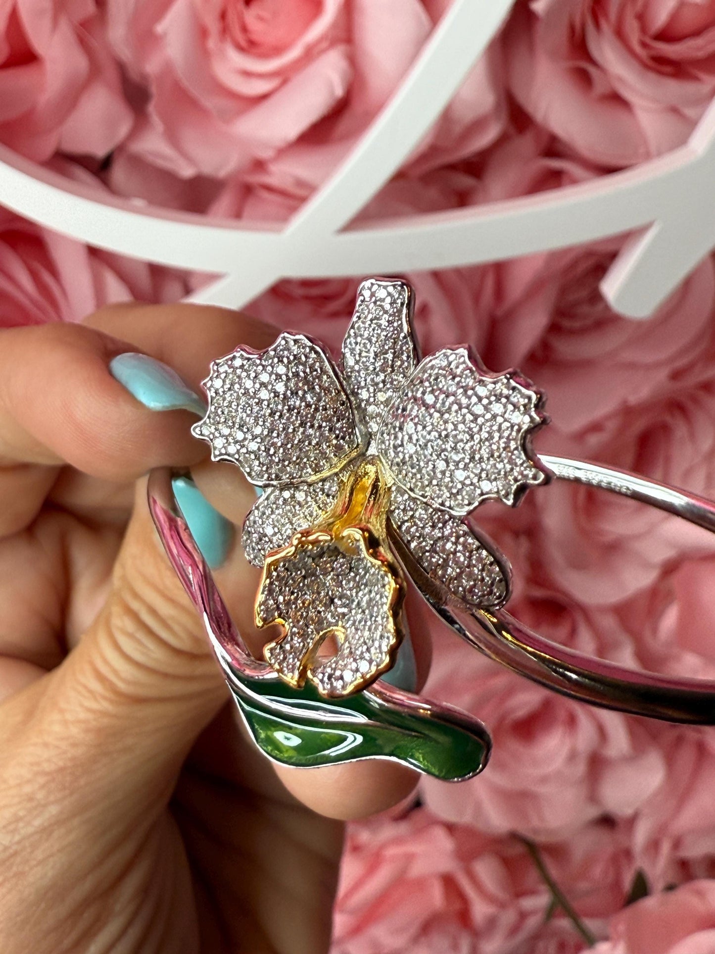 Drama Exclusive Luxury Collection Cattleya Orchid Bangle • Dazzling White Pave Zircon & 14K Yellow Gold Lip- Green Leaf