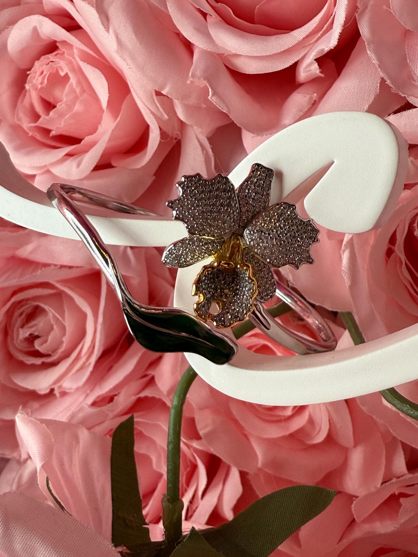 Drama Exclusive Luxury Collection Cattleya Orchid Bangle • Dazzling White Pave Zircon & 14K Yellow Gold Lip- Green Leaf