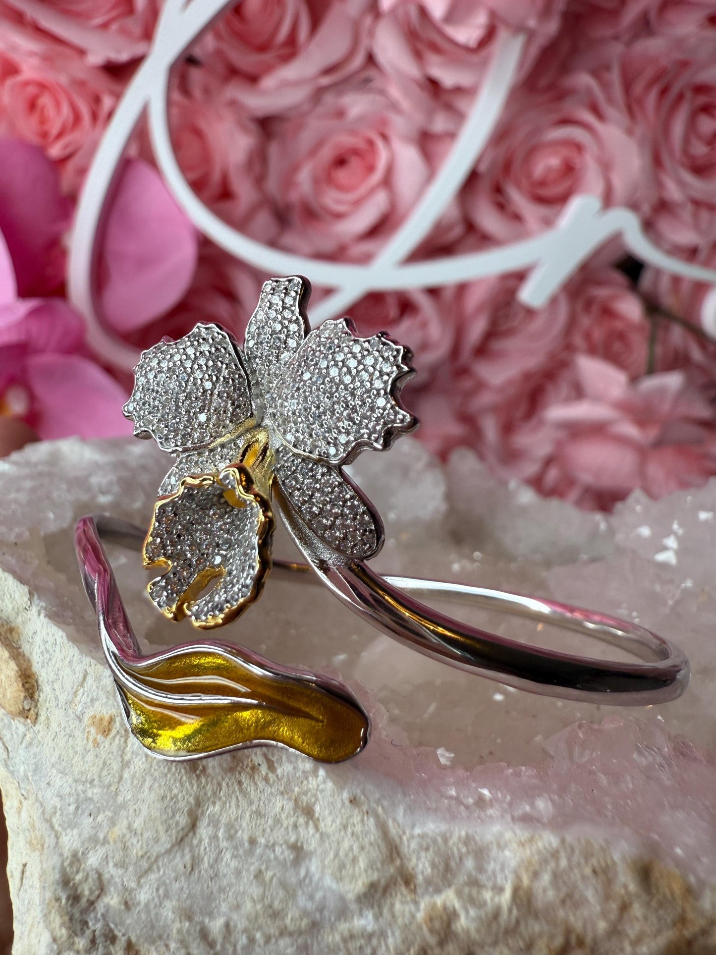 Drama Exclusive Luxury Collection Cattleya Orchid Bangle • Dazzling White Pave Zircon & 14K Yellow Gold Lip- Golden Leaf