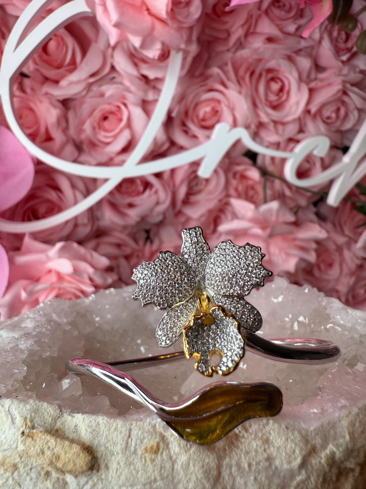 Drama Exclusive Luxury Collection Cattleya Orchid Bangle • Dazzling White Pave Zircon & 14K Yellow Gold Lip- Golden Leaf