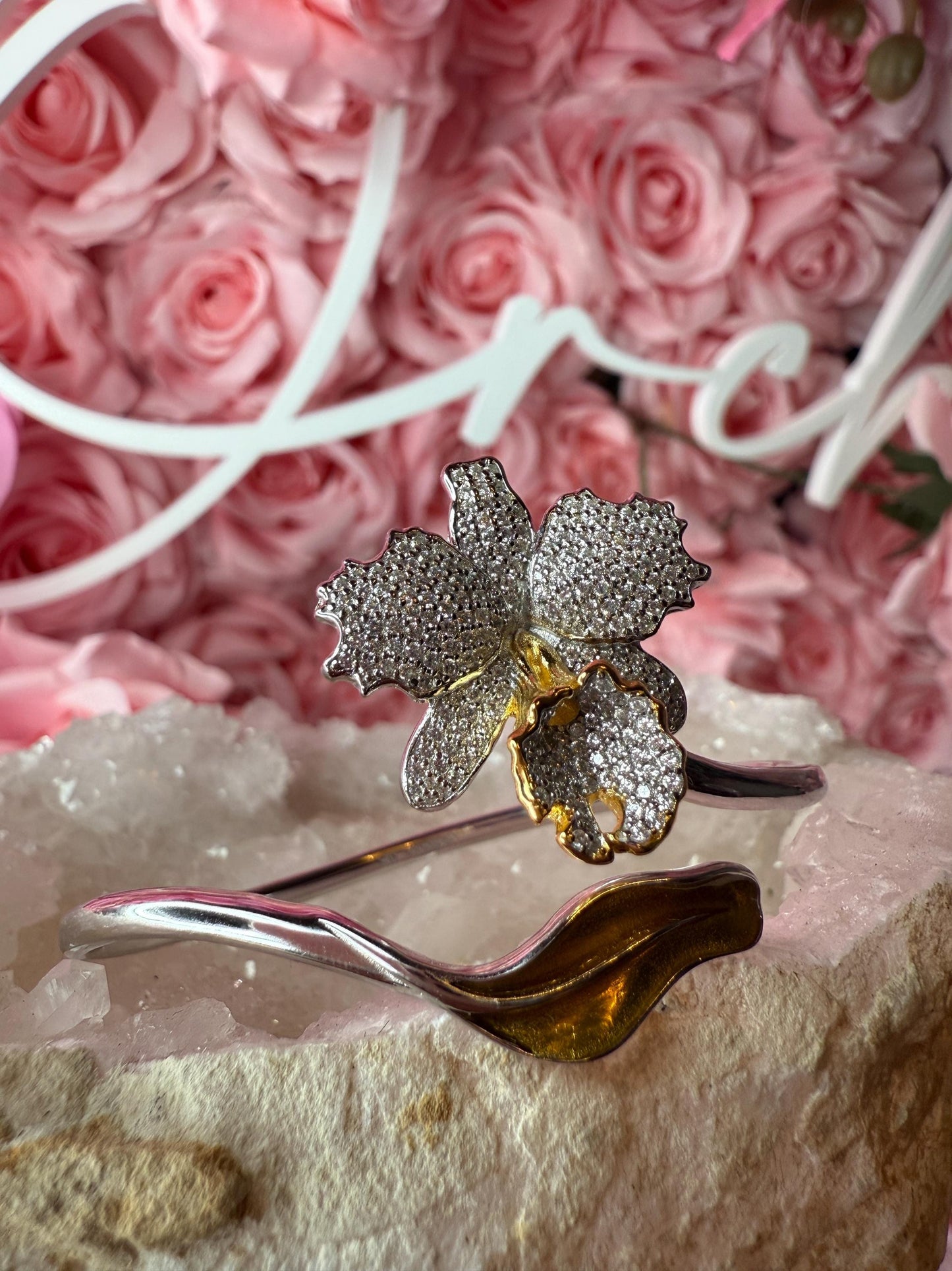 Drama Exclusive Luxury Collection Cattleya Orchid Bangle • Dazzling White Pave Zircon & 14K Yellow Gold Lip- Golden Leaf