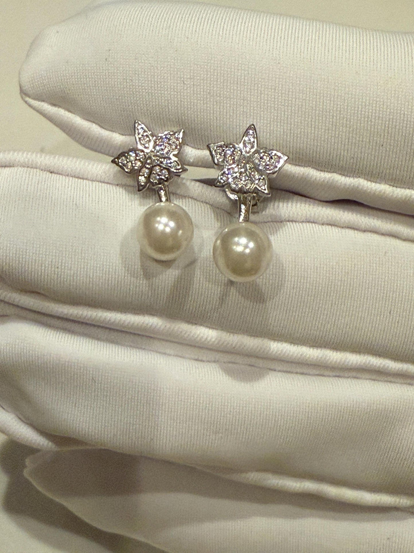 Signature Cattleya Earring, Pearl Jacket Stud: Dainty Orchid, Elegant Flower Jewelry, 14k White Gold Plated, White Pearl