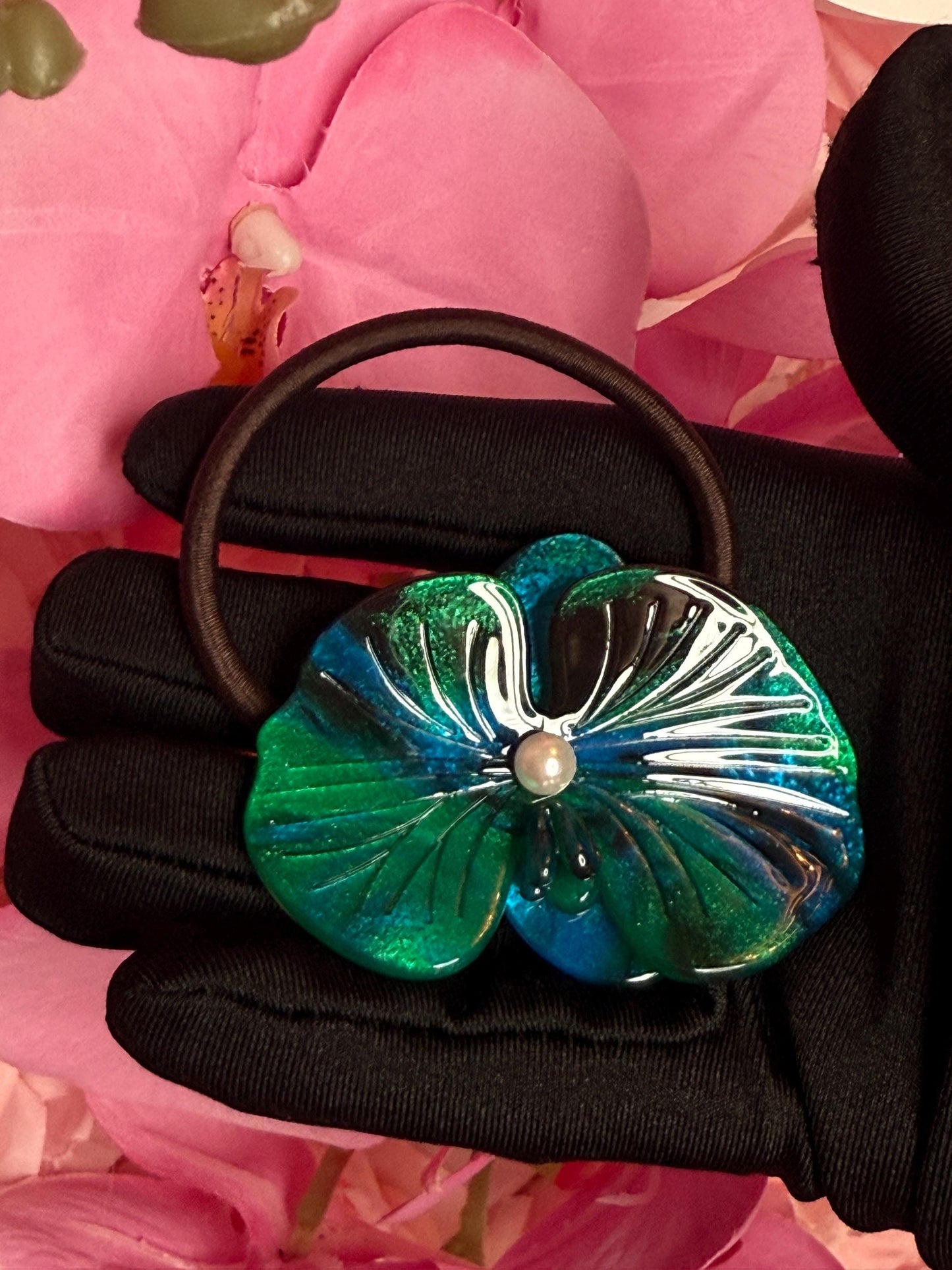 Orchid Hair Tie • Teal Orchid Hair Ponytail Holder • Wedding Hair Piece • Tropical Orchid Acetate Elastic