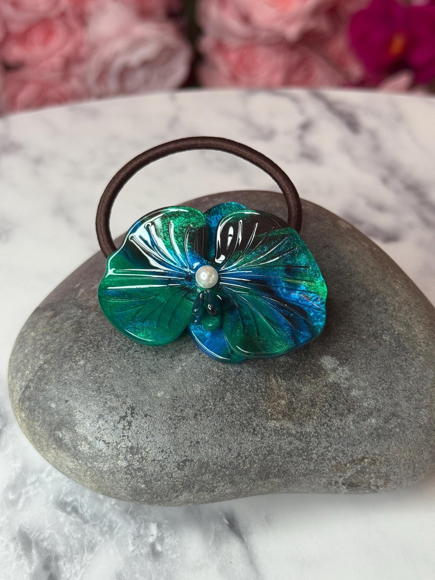 Orchid Hair Tie • Teal Orchid Hair Ponytail Holder • Wedding Hair Piece • Tropical Orchid Acetate Elastic