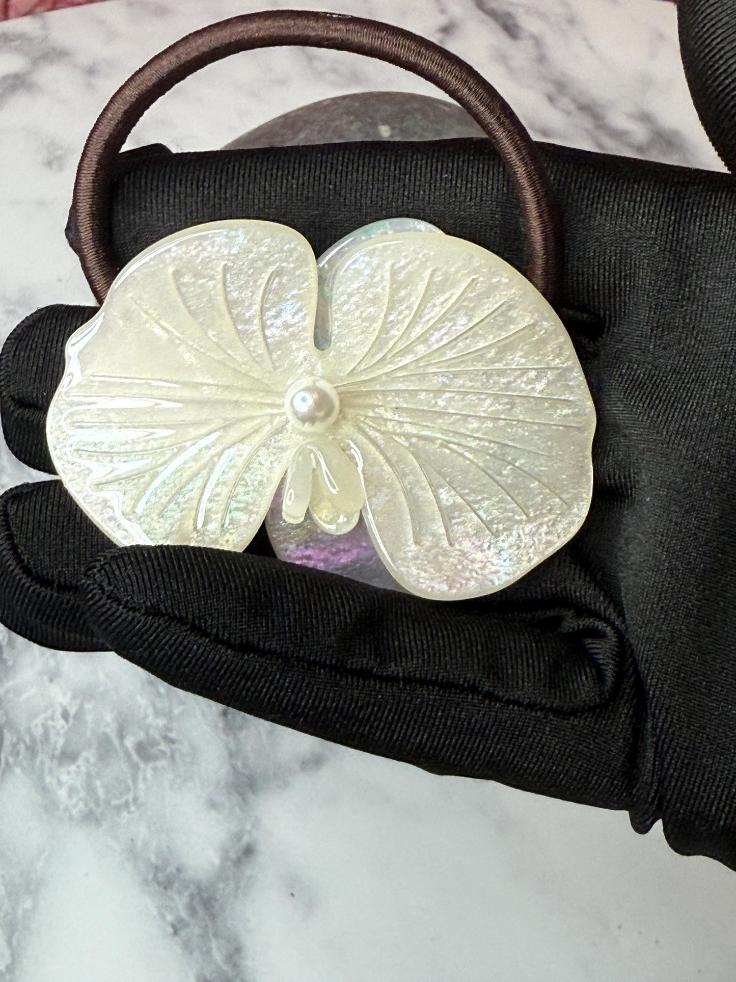Orchid Hair Tie • White Iridescence Orchid Hair Ponytail Holder • Wedding Hair Piece • Tropical Orchid Acetate Elastic