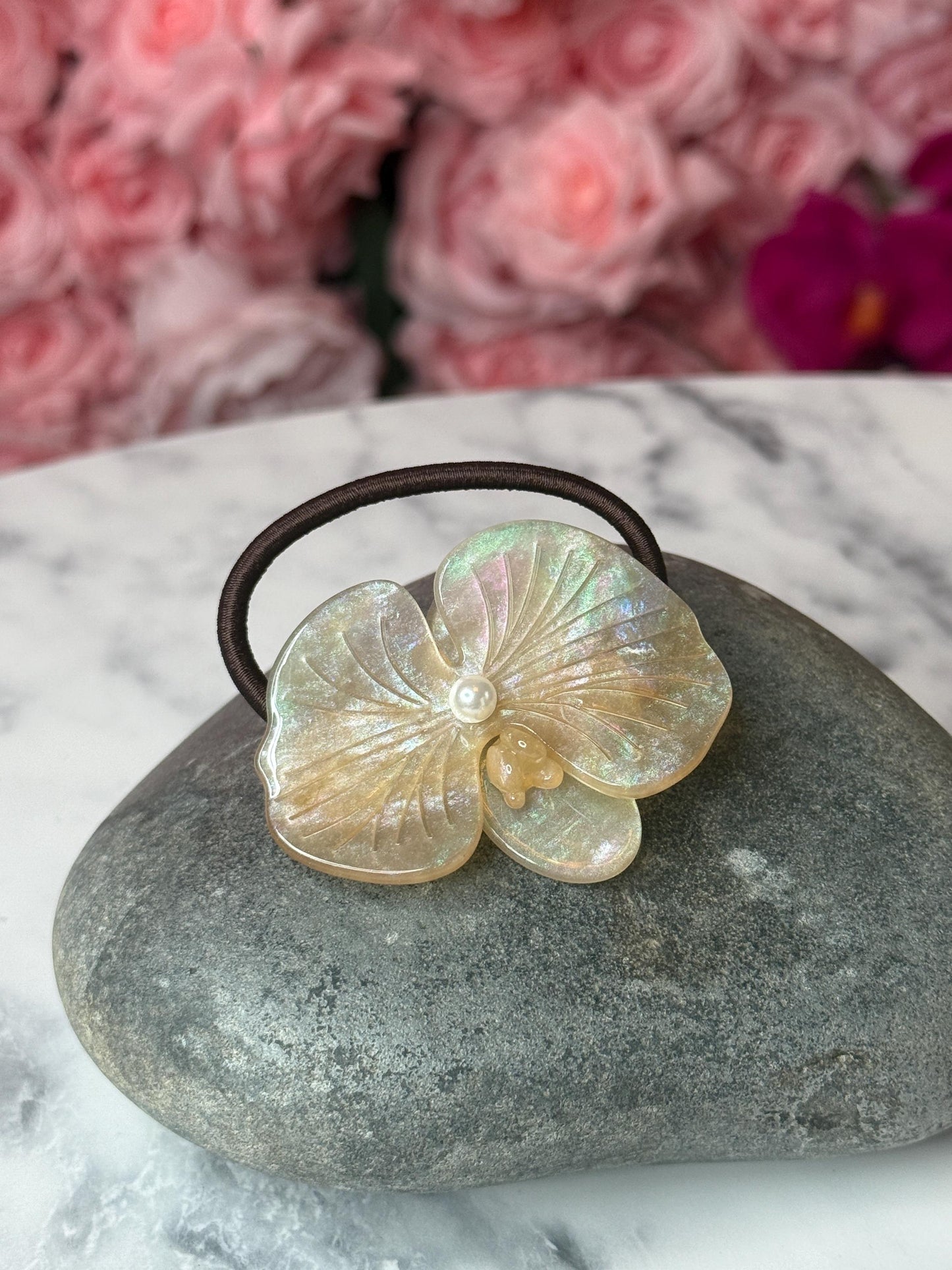 Orchid Hair Tie • Nude Iridescence Orchid Hair Ponytail Holder • Wedding Hair Piece • Tropical Orchid Acetate Elastic