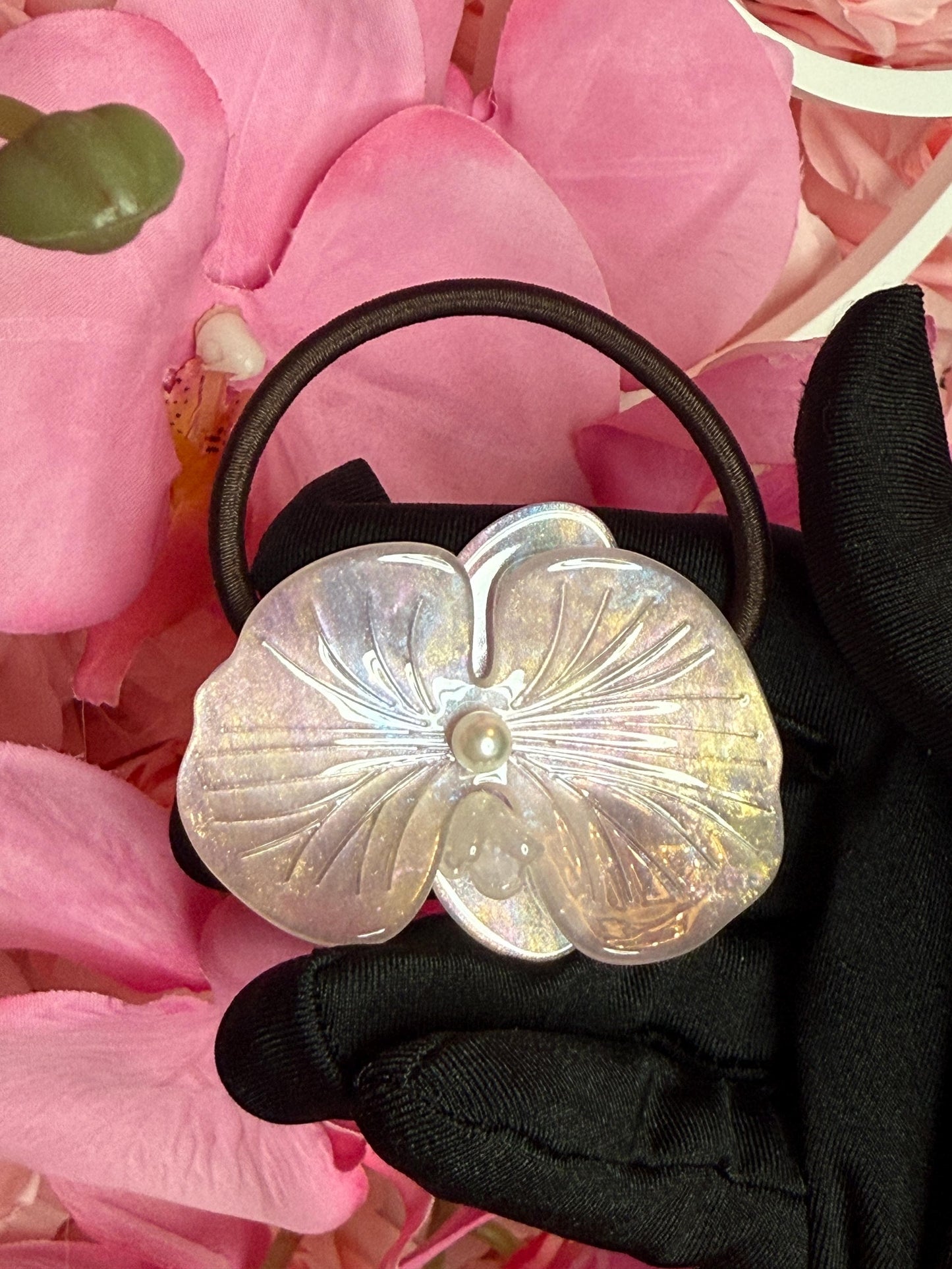 Orchid Hair Tie • Pink Orchid Hair Ponytail Holder • Wedding Hair Piece • Tropical Orchid Acetate Elastic