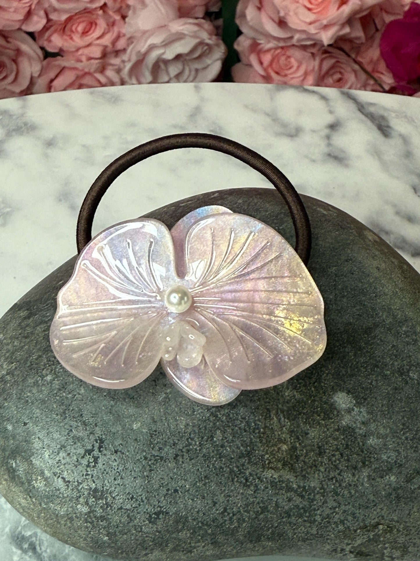 Orchid Hair Tie • Pink Orchid Hair Ponytail Holder • Wedding Hair Piece • Tropical Orchid Acetate Elastic