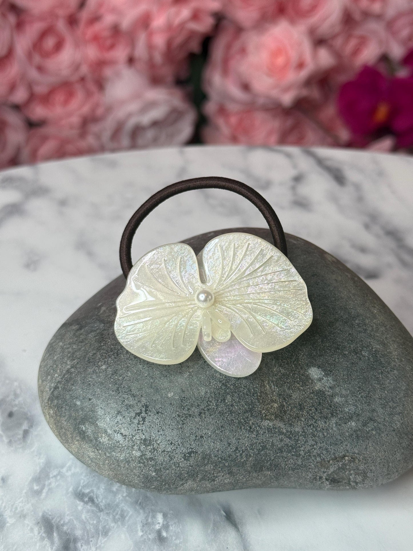 Orchid Hair Tie • White Iridescence Orchid Hair Ponytail Holder • Wedding Hair Piece • Tropical Orchid Acetate Elastic