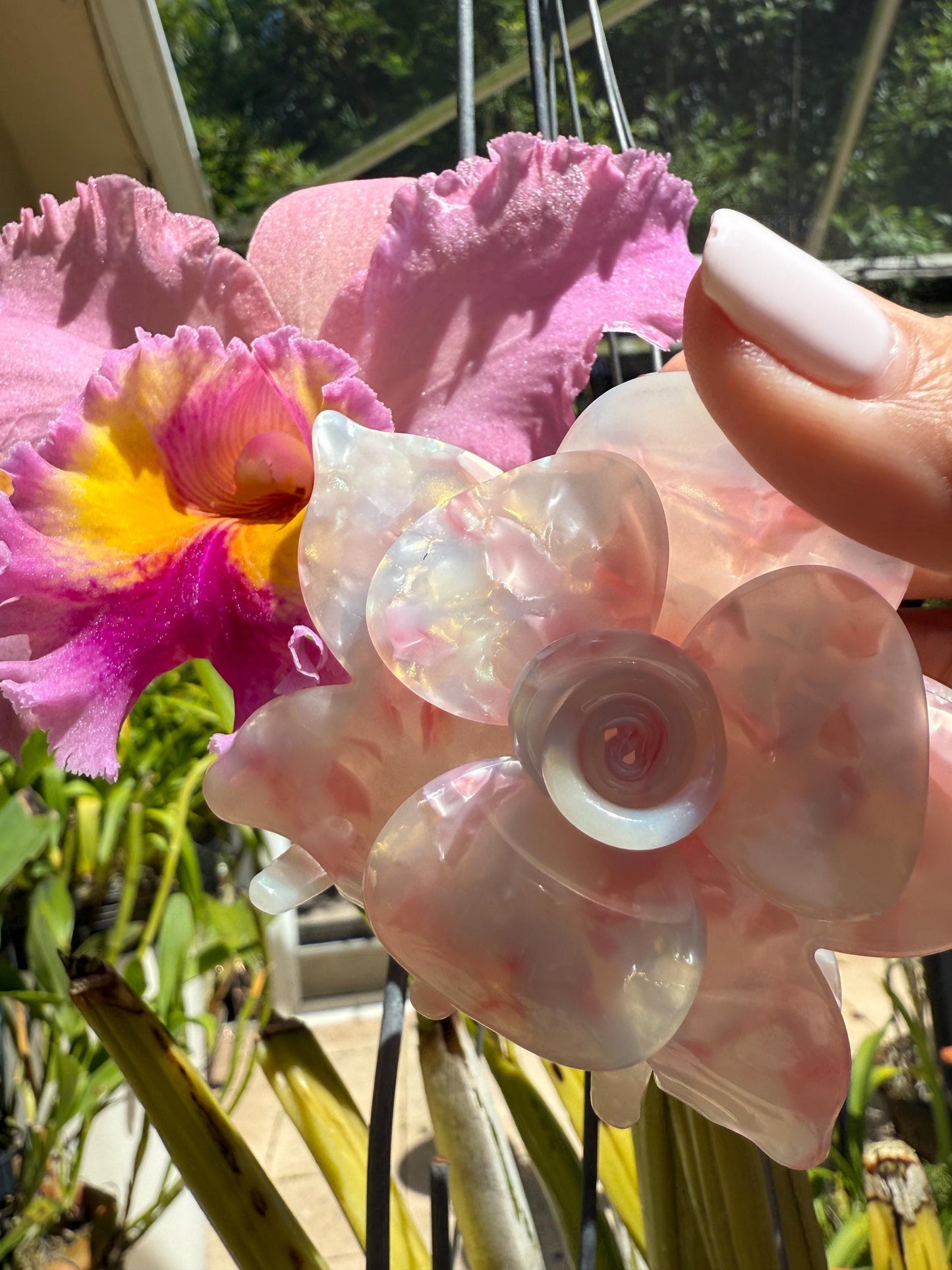 Orchid Hair Claw • Pink Iradesence Orchid Hair Claw Clip • Wedding Hair Piece • Tropical Orchid Acetate Claw Clip