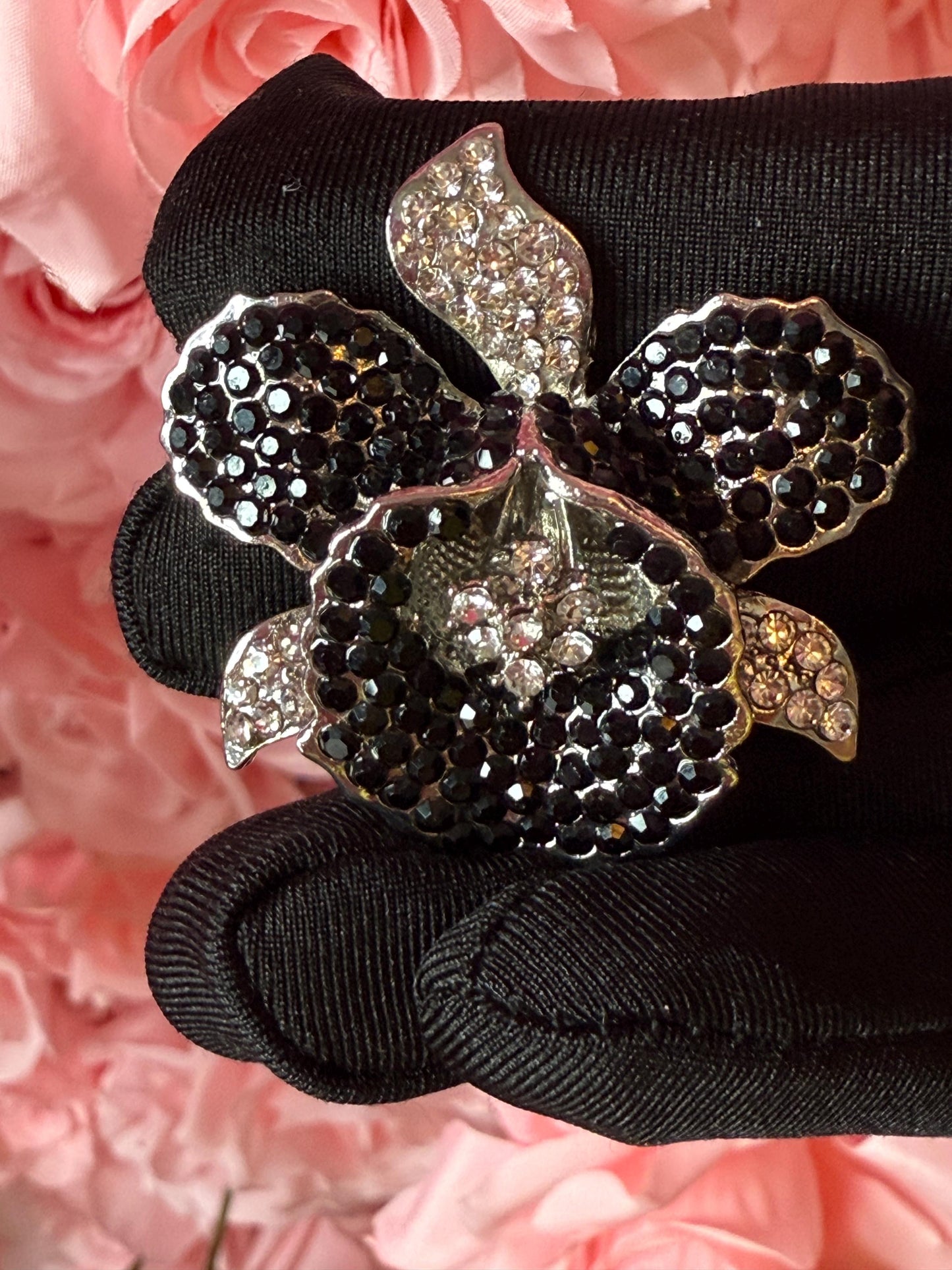 Orchid Hair Clip with Rhinestones Black