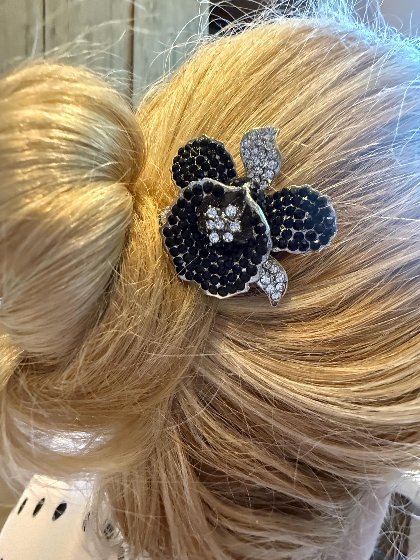 Orchid Hair Clip with Rhinestones Black