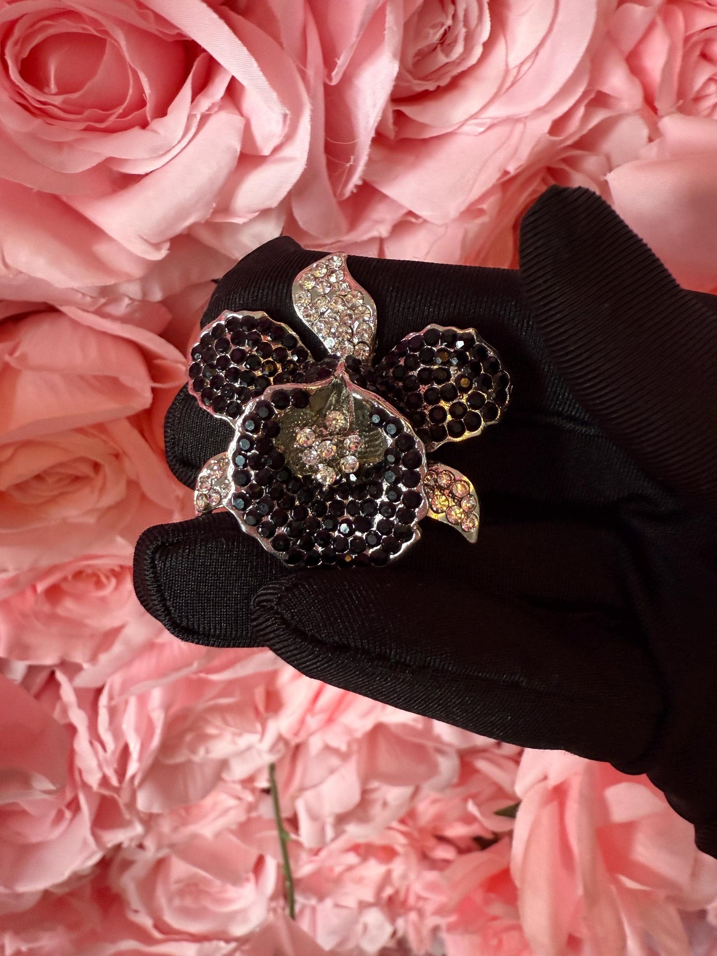 Orchid Hair Clip with Rhinestones Black