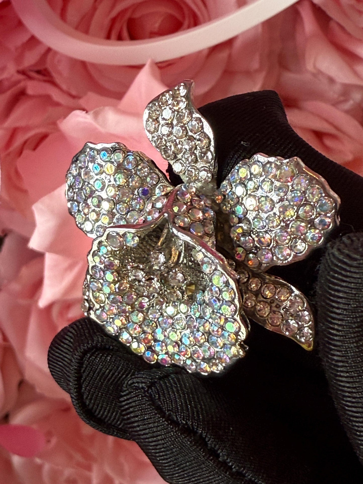 Orchid Hair Clip with Rhinestones Clear Silver