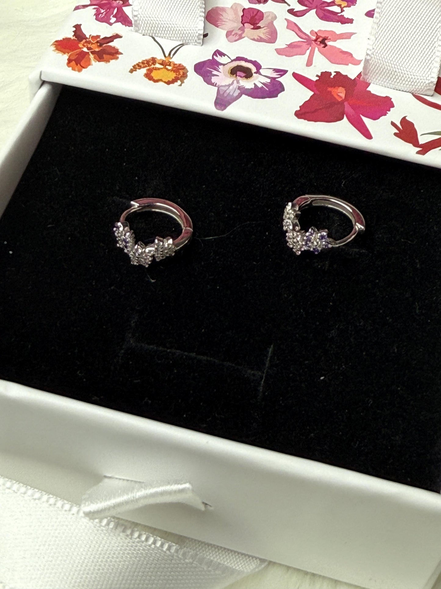 Mini Orchid Flower Hoop Earrings, Sterling Silver Huggie Hoops, Dainty Floral Cluster, Cubic Zirconia Lavender Pink Jewelry