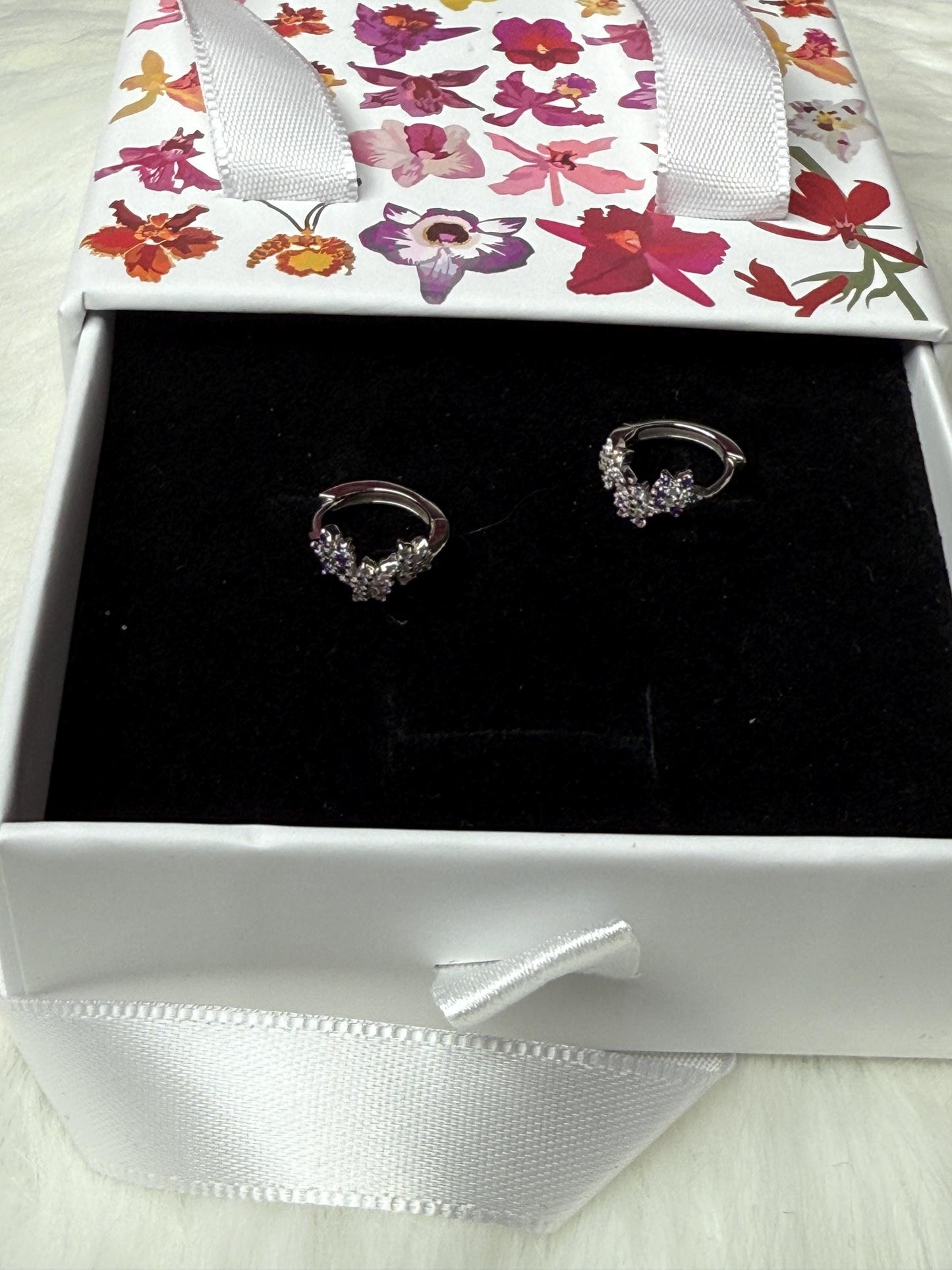 Mini Orchid Flower Hoop Earrings, Sterling Silver Huggie Hoops, Dainty Floral Cluster, Cubic Zirconia Lavender Pink Jewelry