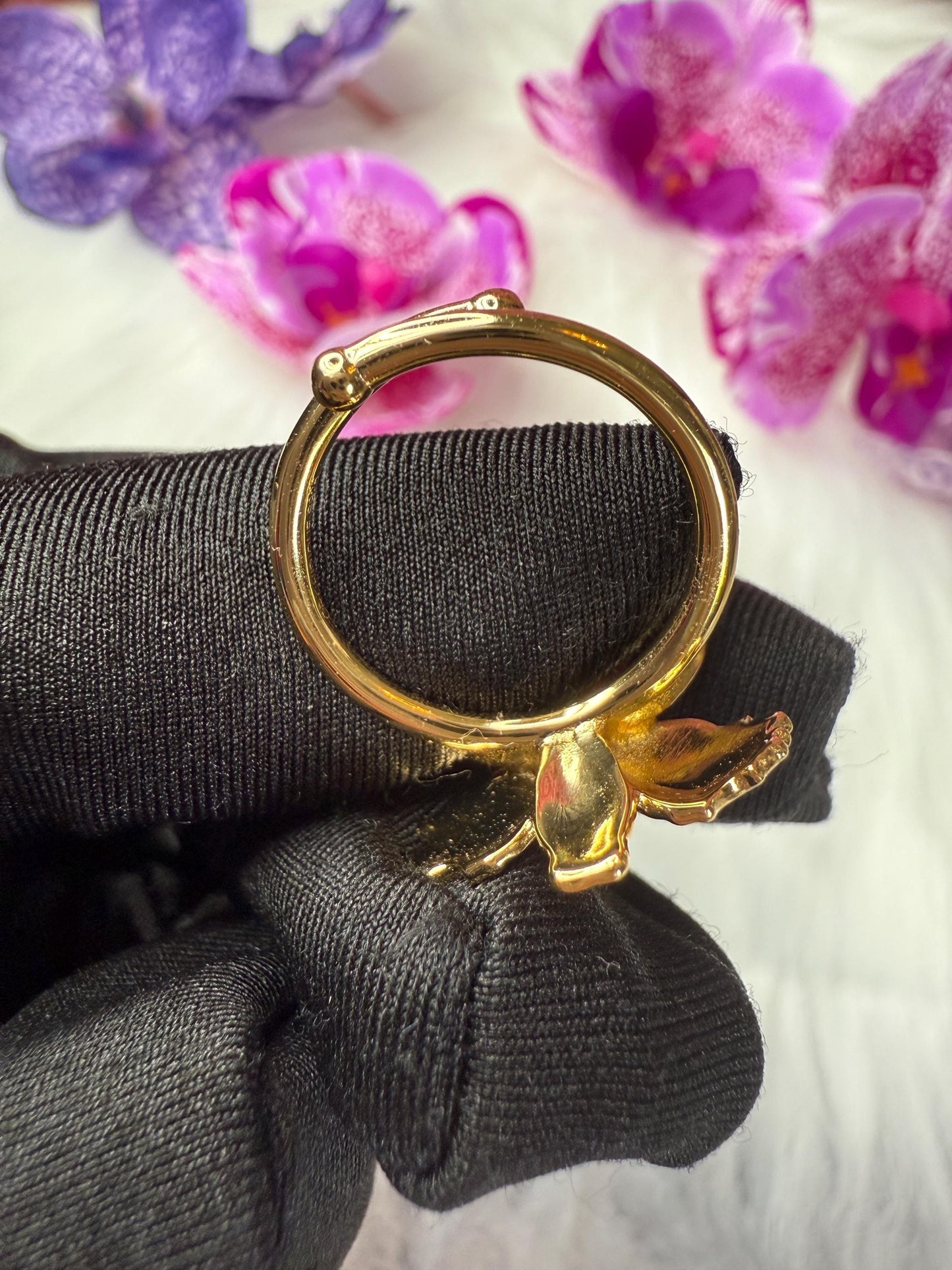 Pink Splash Cattleya Orchid Ring: Two-Tone S925 Sterling Silver