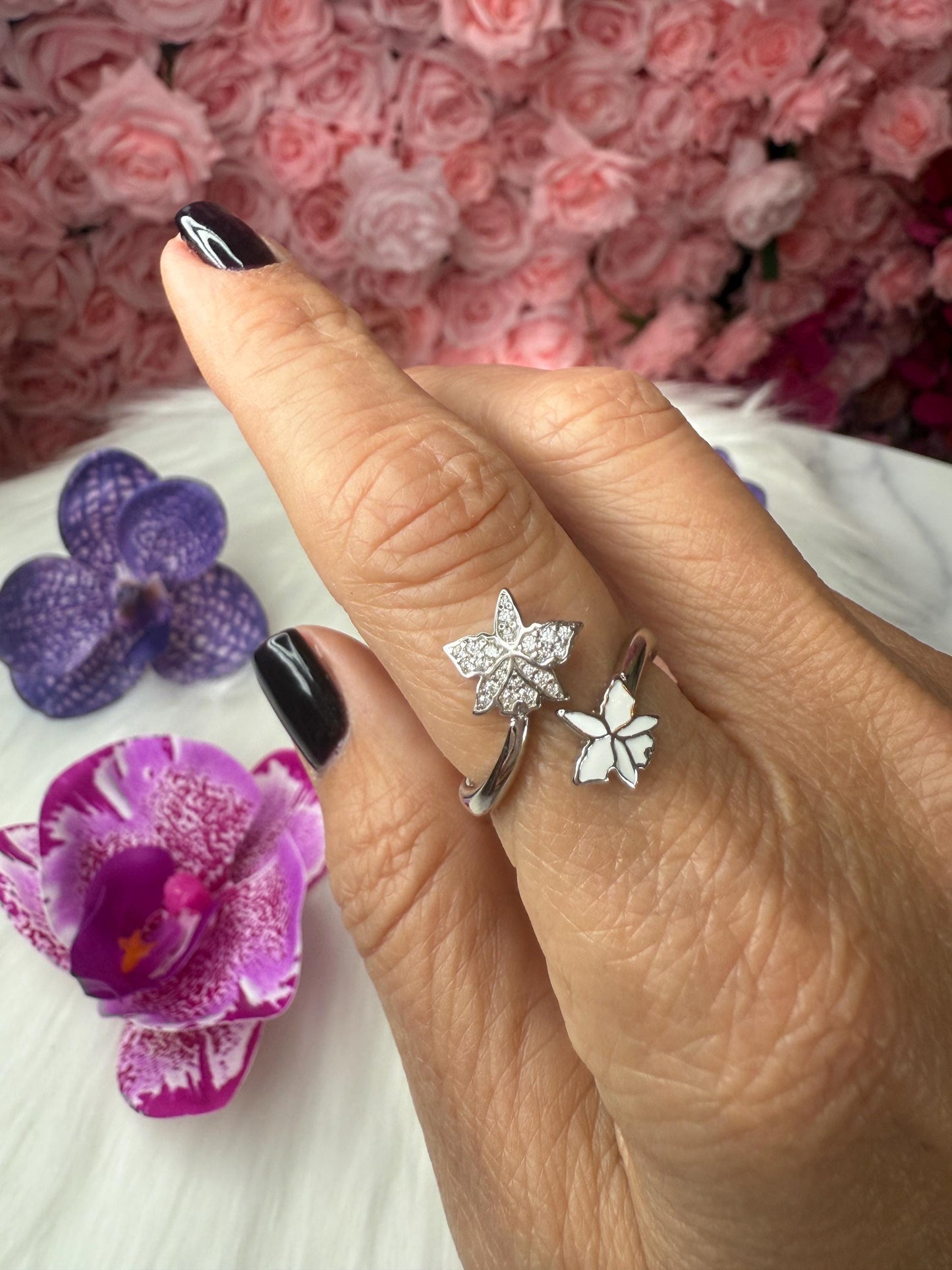 Orchid White Bloom Double Ring • White Gold Plated Unique Flower Jewelry • Gift for her