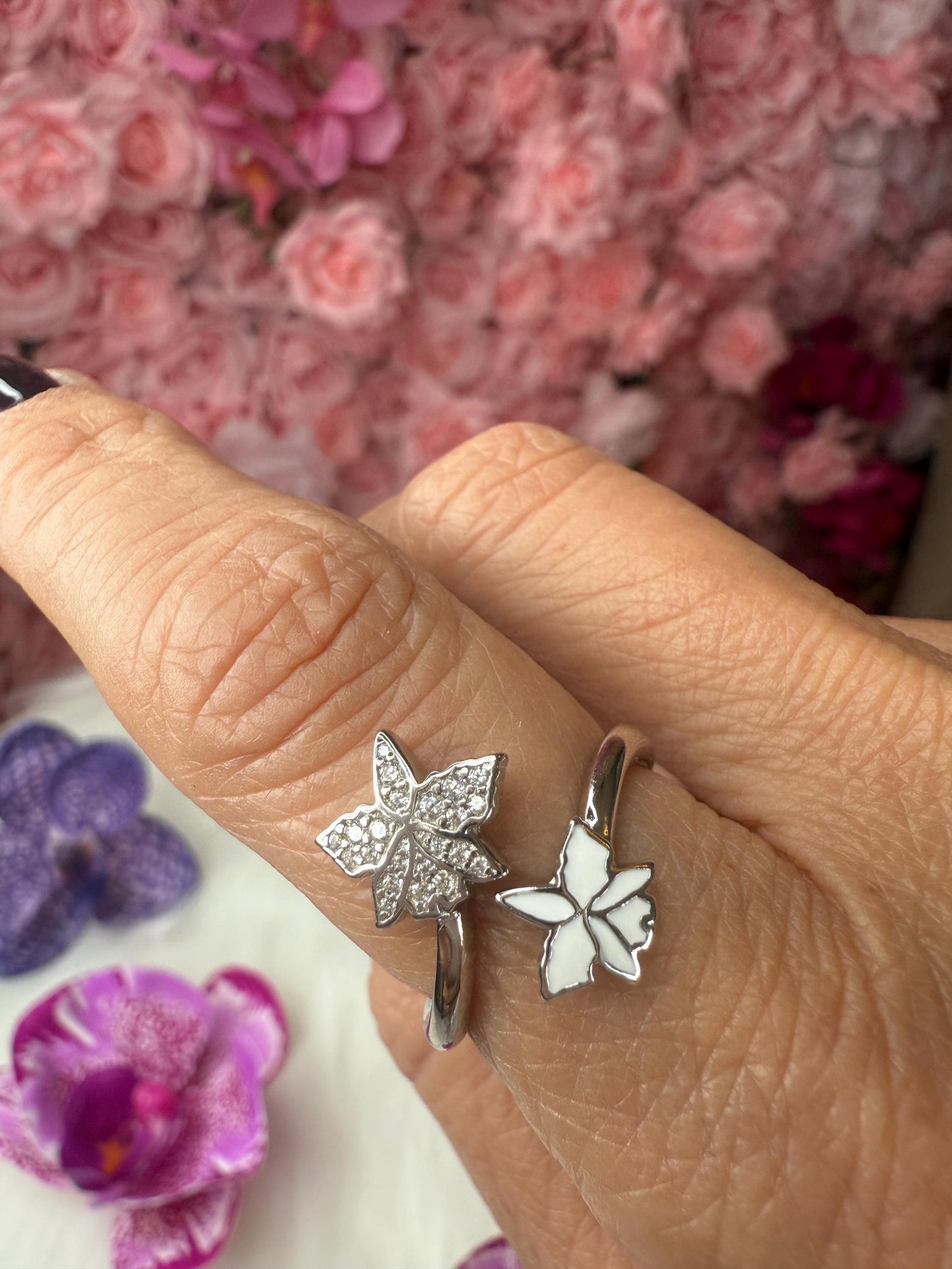 Orchid White Bloom Double Ring • White Gold Plated Unique Flower Jewelry • Gift for her