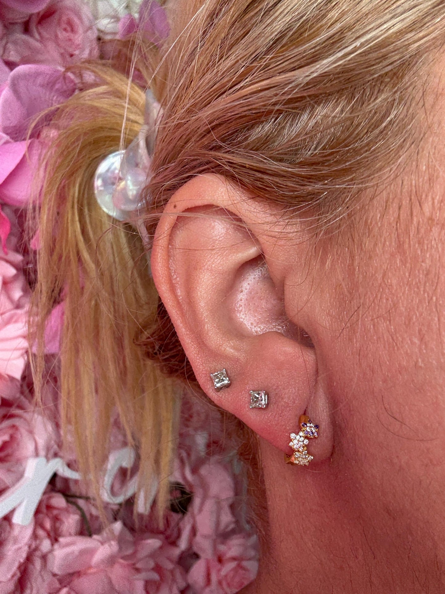 Mini Orchid Flower Hoop Earrings, Gold Plated Huggie Hoops, Dainty Floral Cluster, Cubic Zirconia Lavender Pink Jewelry