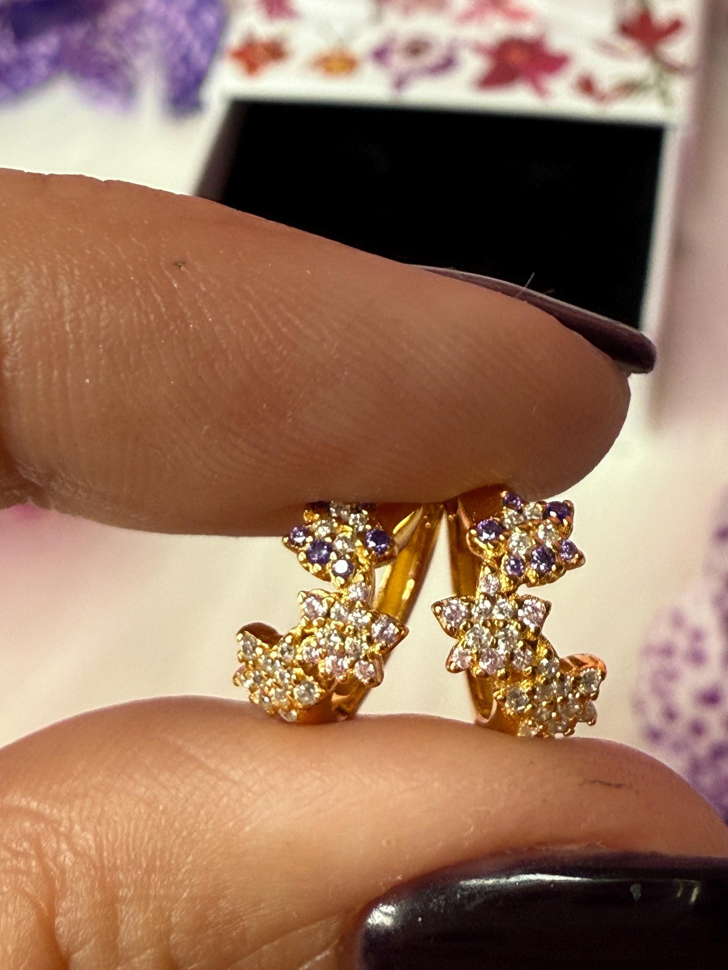 Mini Orchid Flower Hoop Earrings, Gold Plated Huggie Hoops, Dainty Floral Cluster, Cubic Zirconia Lavender Pink Jewelry