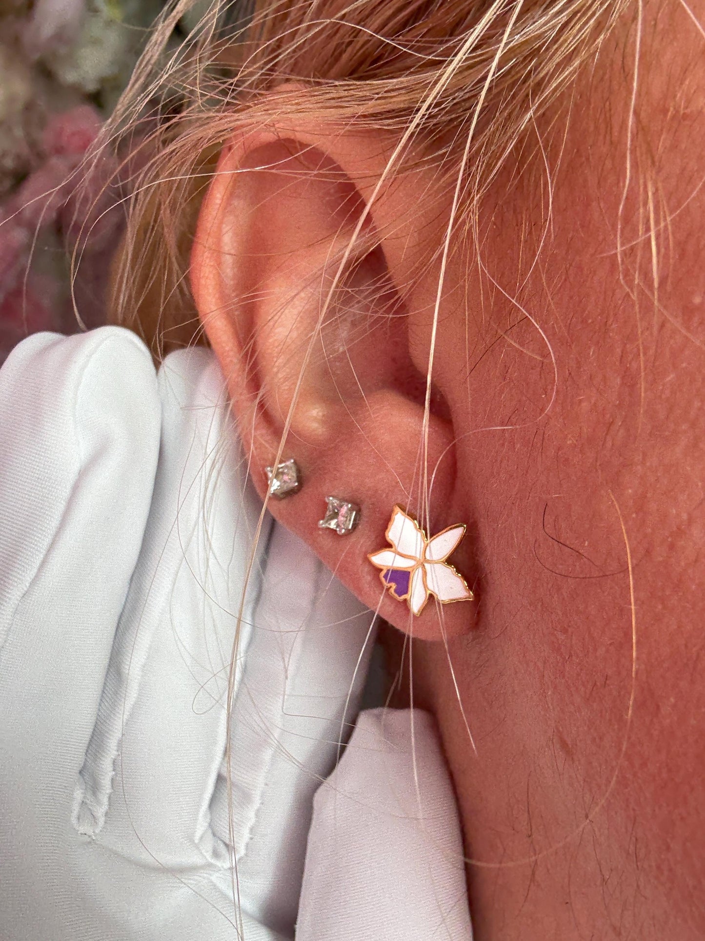 Orchid Stud Earrings - Enamel Flower - Cattleya Dainty Studs - 6mm, 8mm, or 10mm Earrings • Cattleya Orchid Minimalist Jewelry-Gold Plated