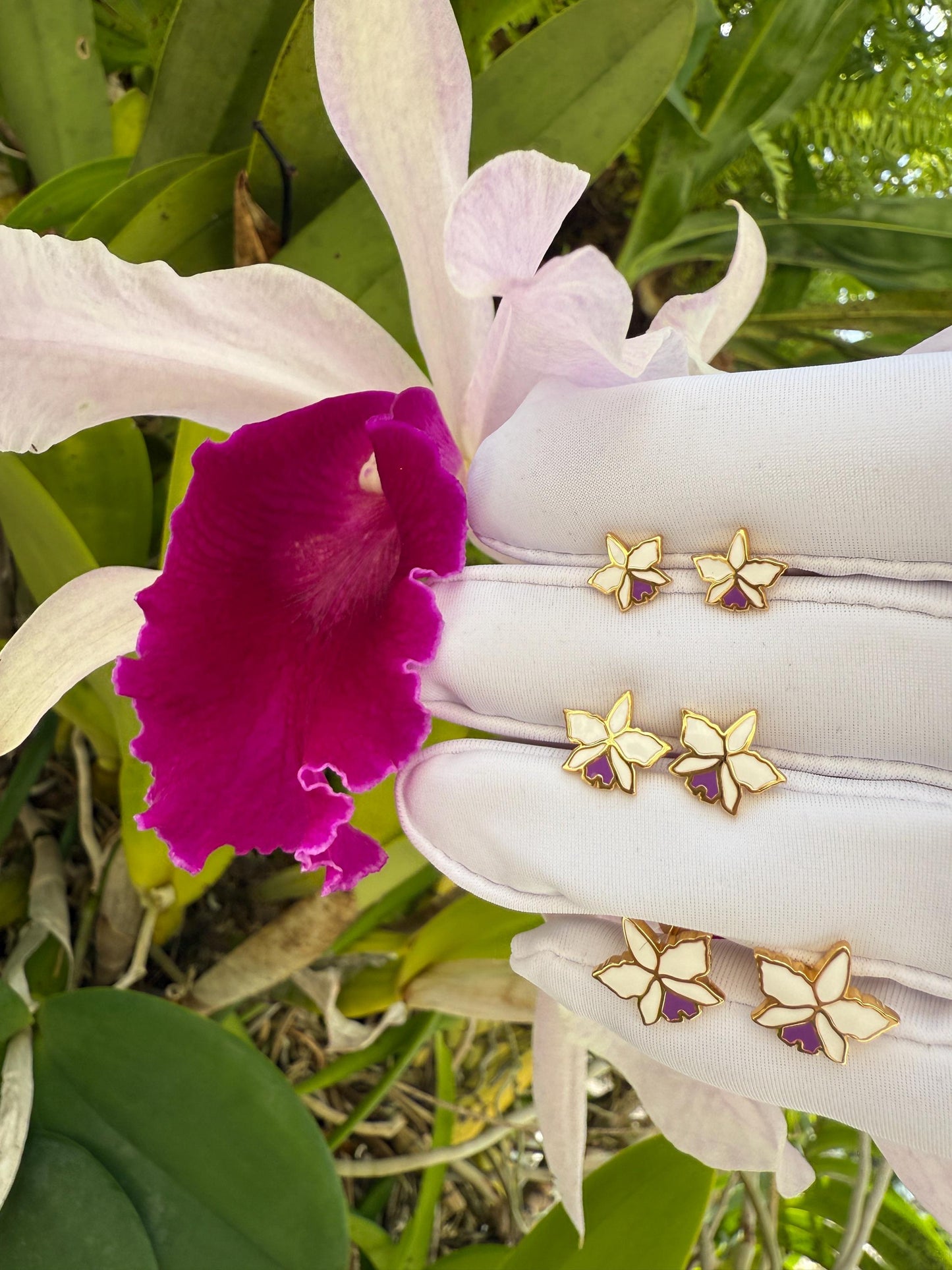 Orchid Stud Earrings - Enamel Flower - Cattleya Dainty Studs - 6mm, 8mm, or 10mm Earrings • Cattleya Orchid Minimalist Jewelry-Gold Plated