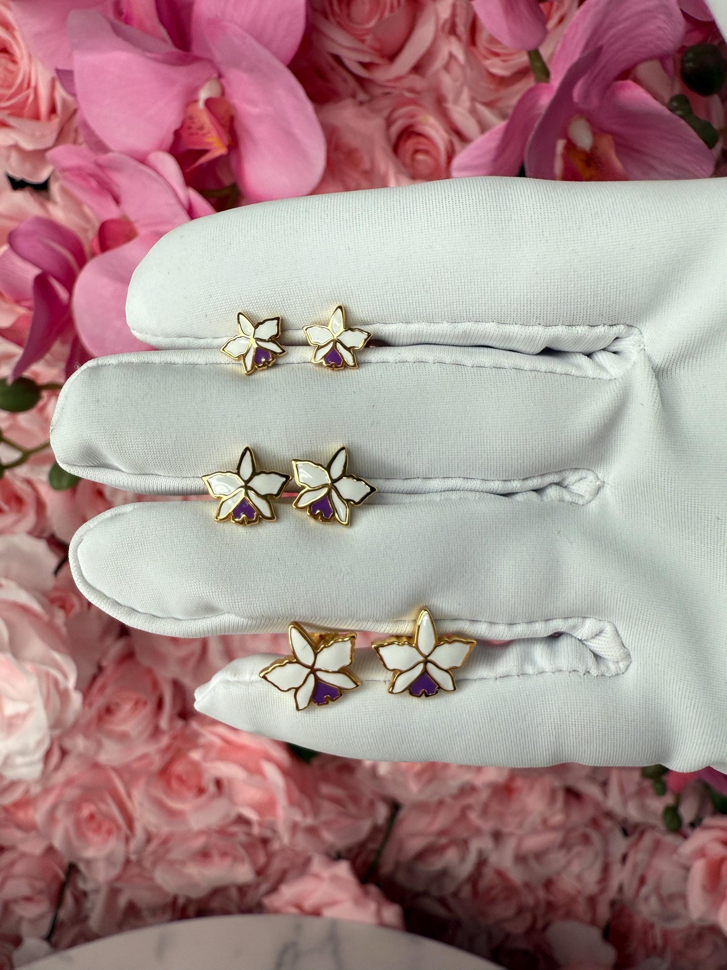 Orchid Stud Earrings - Enamel Flower - Cattleya Dainty Studs - 6mm, 8mm, or 10mm Earrings • Cattleya Orchid Minimalist Jewelry-Gold Plated
