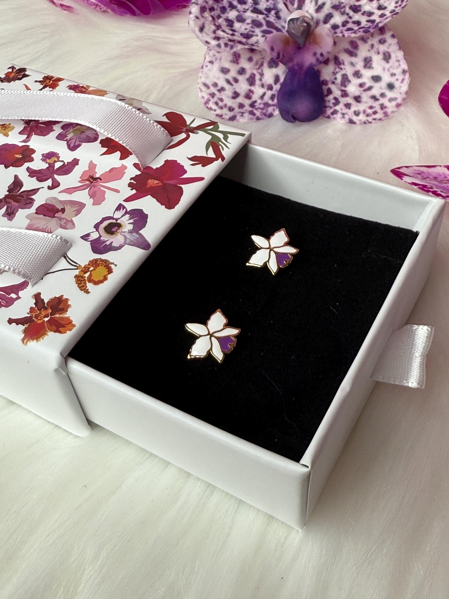Orchid Stud Earrings - Enamel Flower - Cattleya Dainty Studs - 6mm, 8mm, or 10mm Earrings • Cattleya Orchid Minimalist Jewelry-Gold Plated