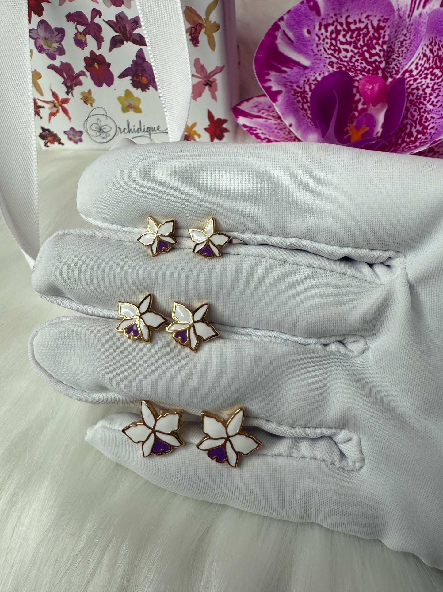 Orchid Stud Earrings - Enamel Flower - Cattleya Dainty Studs - 6mm, 8mm, or 10mm Earrings • Cattleya Orchid Minimalist Jewelry-Gold Plated