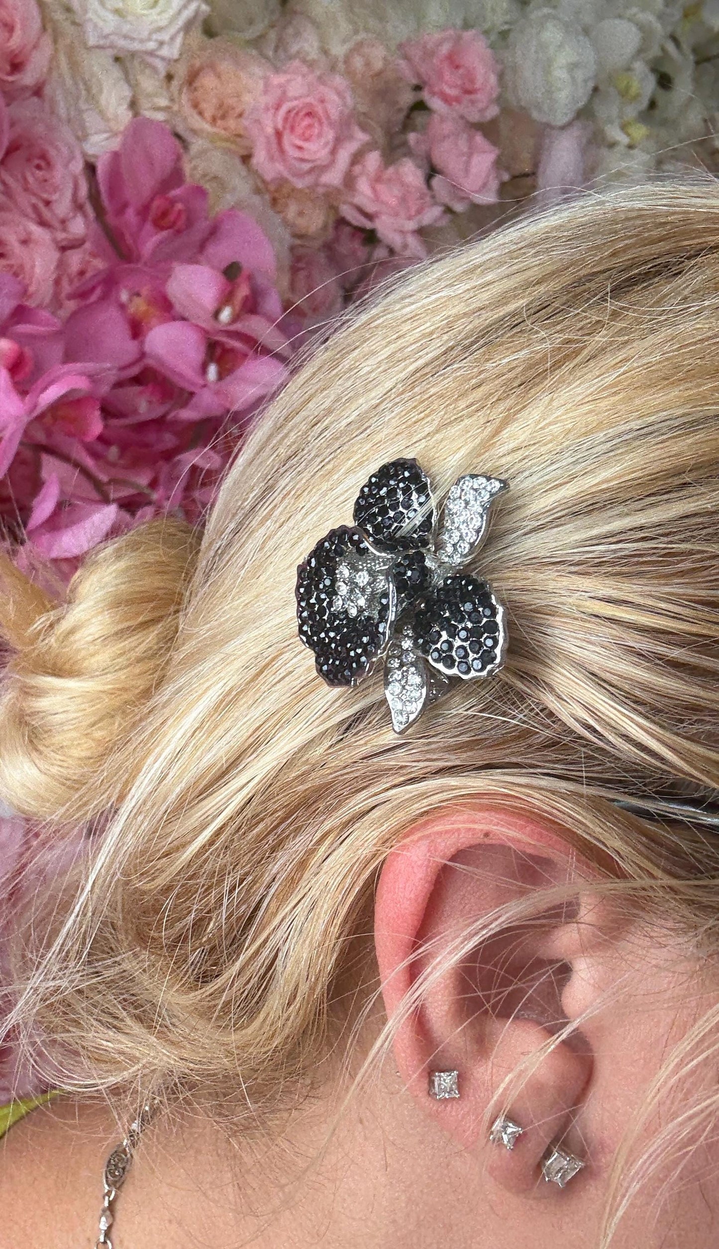 Orchid Hair Clip with Rhinestones Black