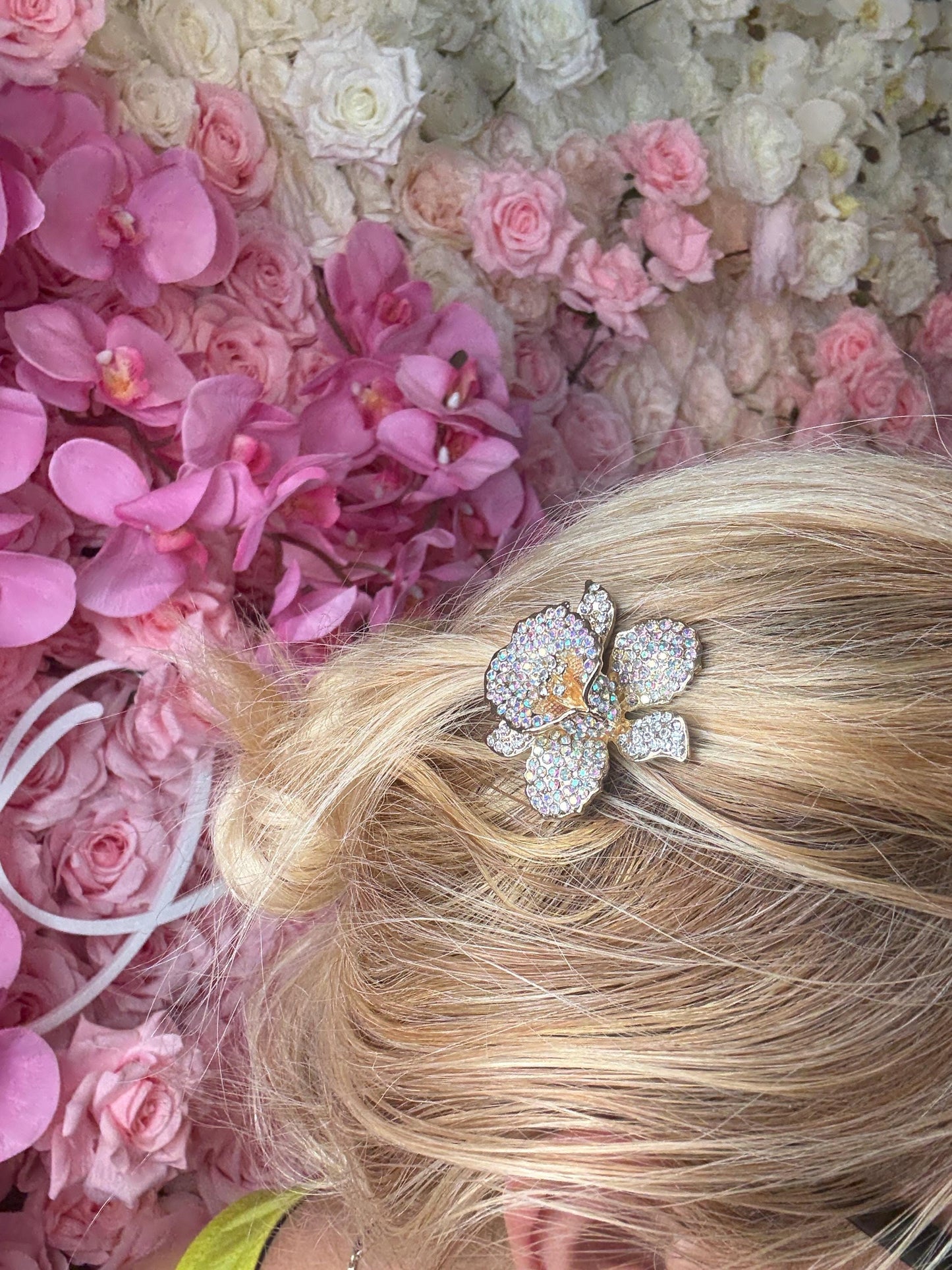 Orchid Hair Clip with Rhinestones Champagne