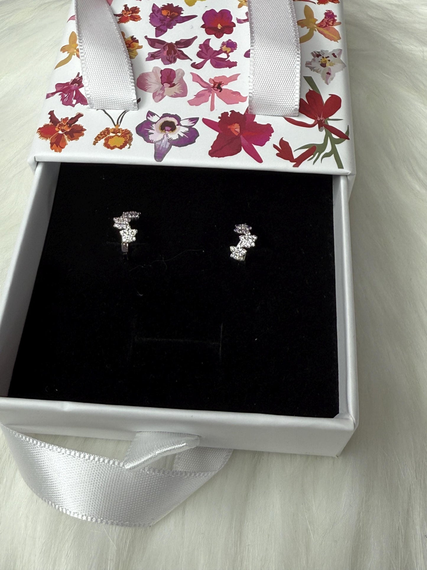 Mini Orchid Flower Hoop Earrings, Sterling Silver Huggie Hoops, Dainty Floral Cluster, Cubic Zirconia Lavender Pink Jewelry