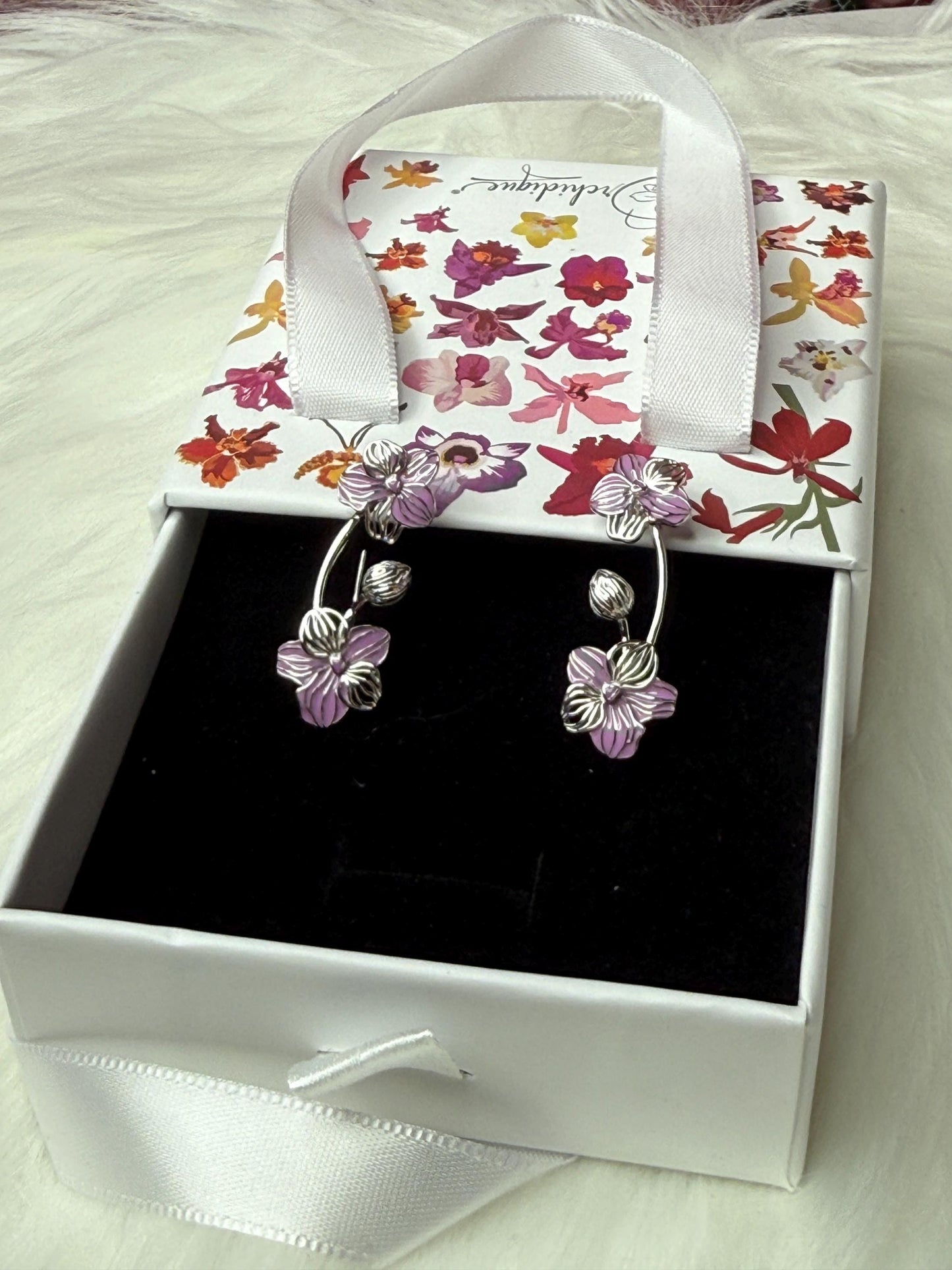 Purple Vanda Orchid Climber Earrings, Sterling Silver Ear Crawlers, Floral Vine Jewelry