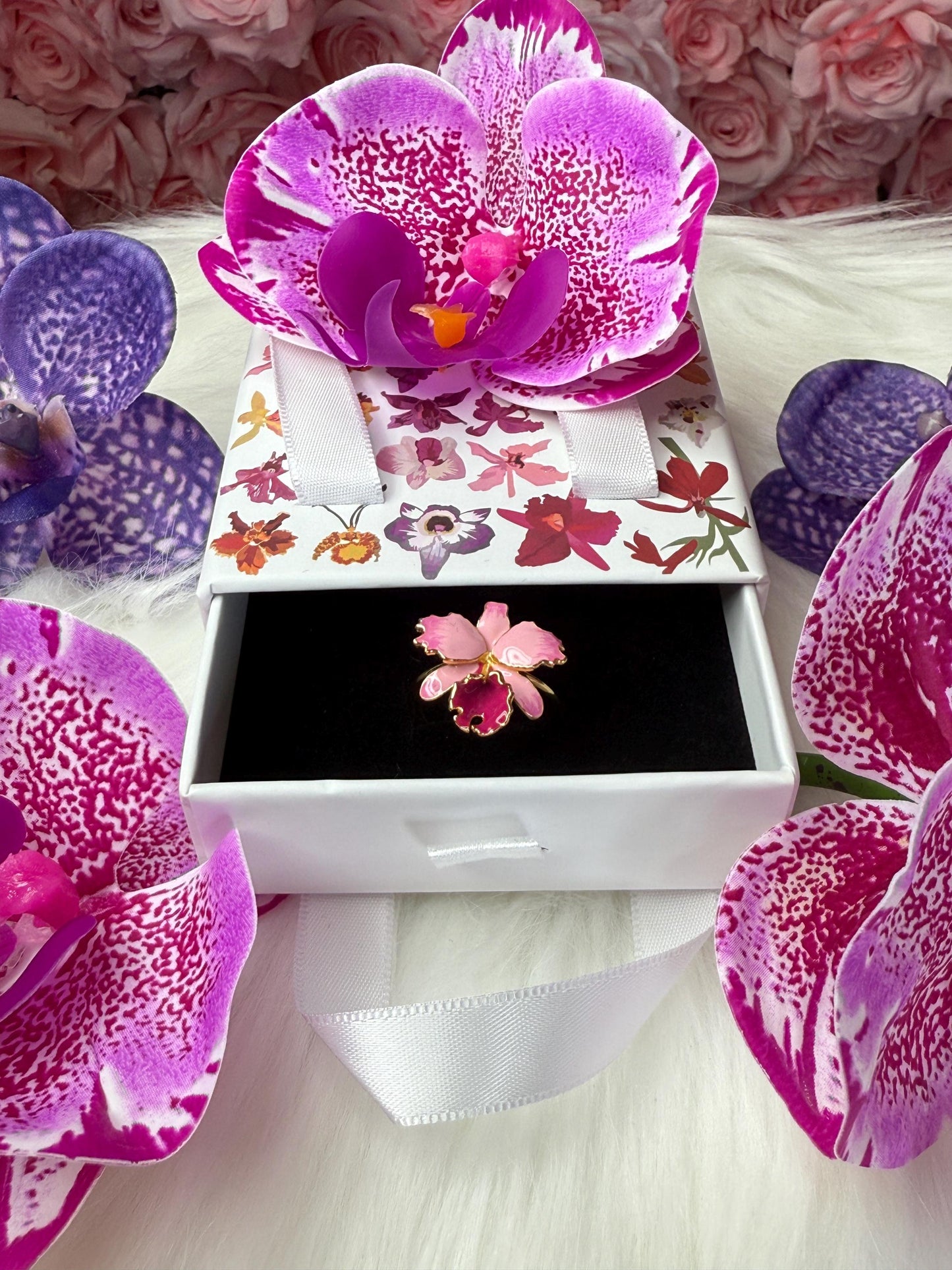 Pink Splash Cattleya Orchid Ring: Two-Tone S925 Sterling Silver